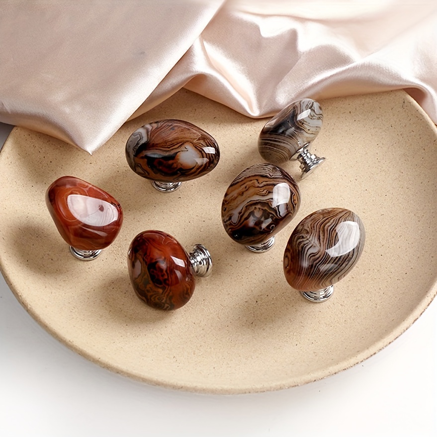 

Polished Stone Agate Cabinet Knobs, Natural Agate Drawer Pulls For Wardrobes And Furniture, Modern Decorative Stone Handles With Metal Finish