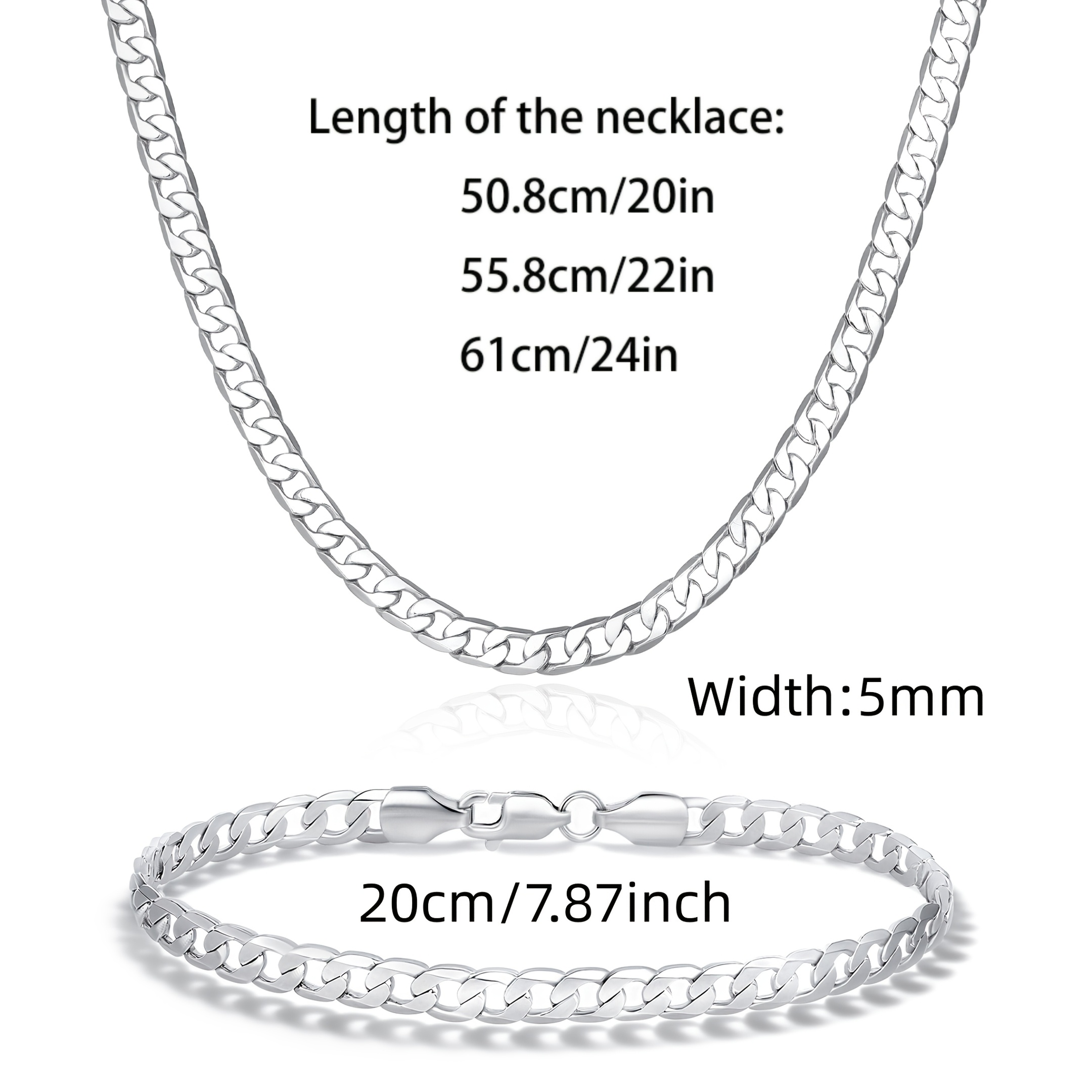 Image of 925 Sterling Silver Jewelry Set Fashion Cuban Silvery 5mm Wide Two-piece Set Street Fashion Charm Unisex Valentine's Day Birthday Hypoallergenic Christmas Gift With Gift Box