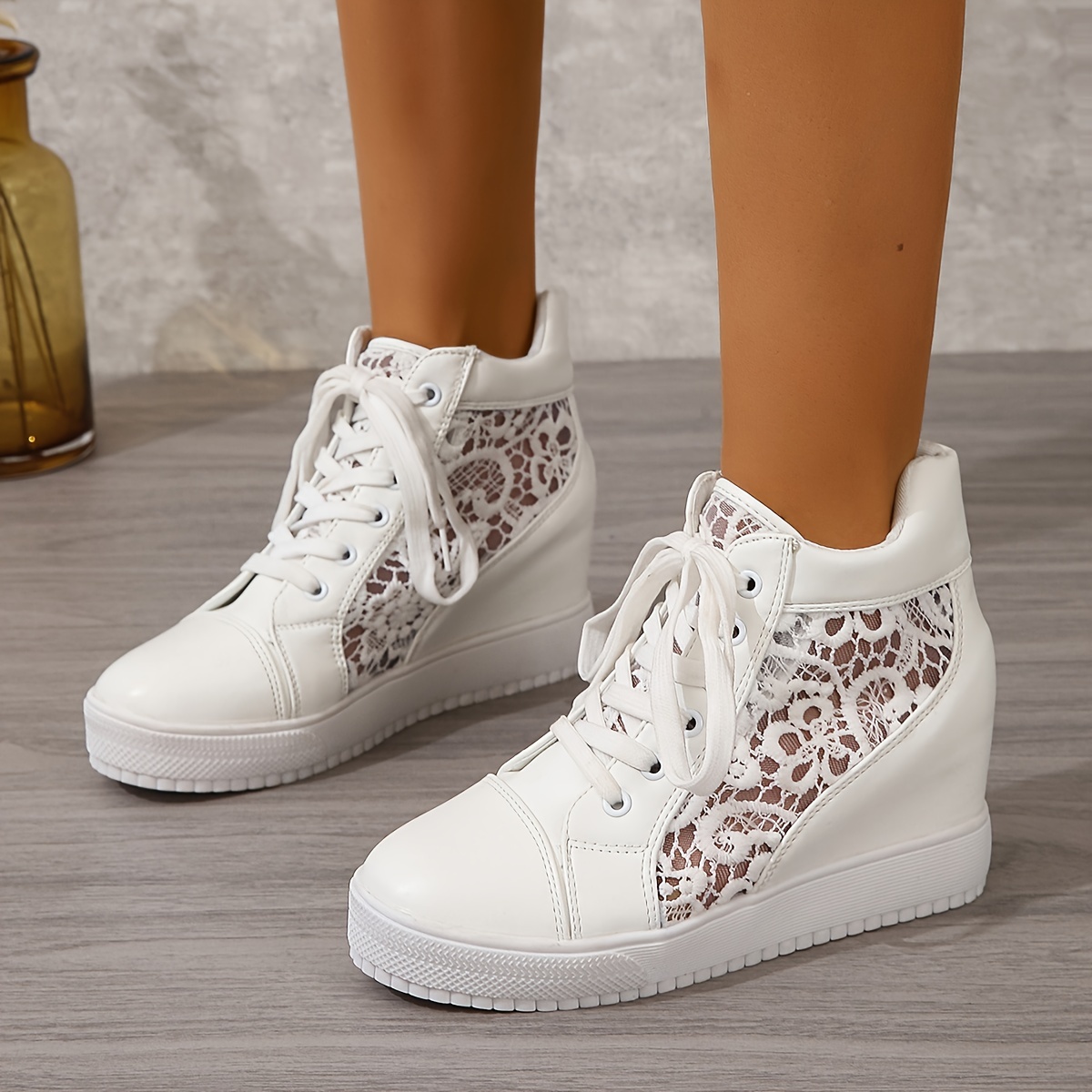 

Women's Wedge Shoes For Height Increase And Casual Wear, Women's Cut-out Lace Sneakers With Floral Embellishments.