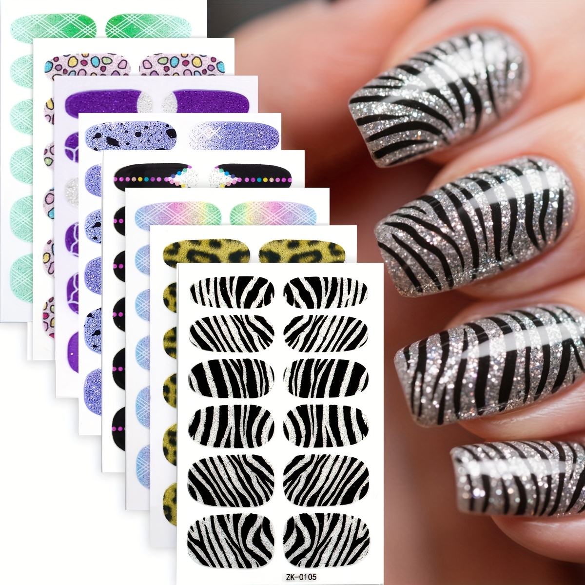 8 Sheet Full Wrap Nail Stickers With Leopard Zebra Print Design, Self Adhesive Nail Decal Strip For Women And