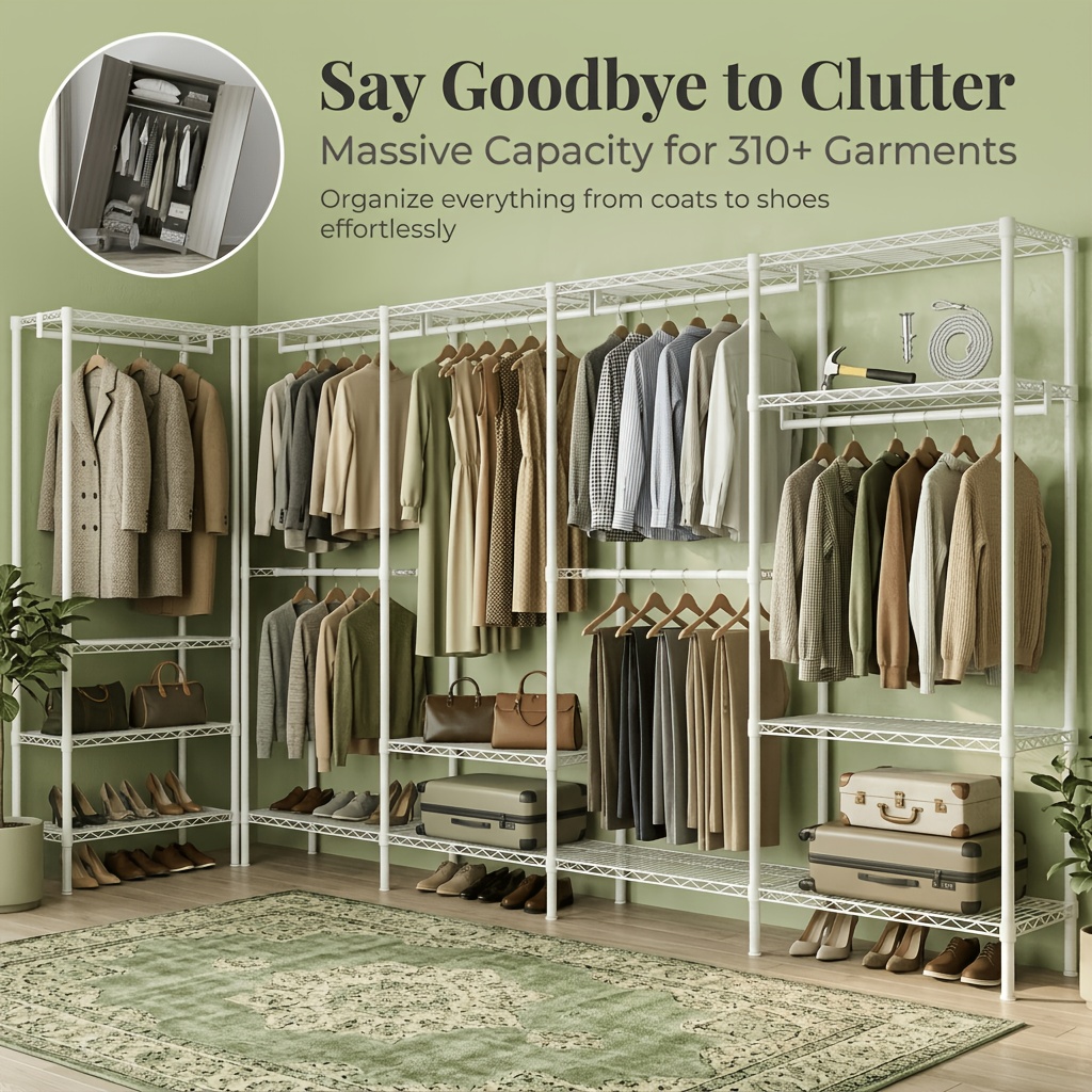 It Holds 310+ Clothes , 2pcslayered Combined Retail Display Rack, 287cm Large Clothing Storage Shelf With 15 Classified Metal Shelves.multiple Installation Designs Scientific Classified Storage