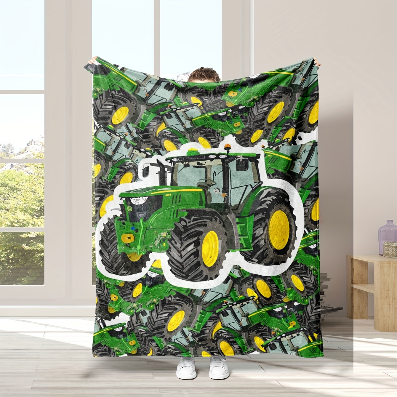 

1pc Contemporary Tractor Pattern Flannel Bed Blanket - Machine Washable Green Farm - Reversible Polyester Throw For Sofa, Office, Camping, Travel - Gift Blanket