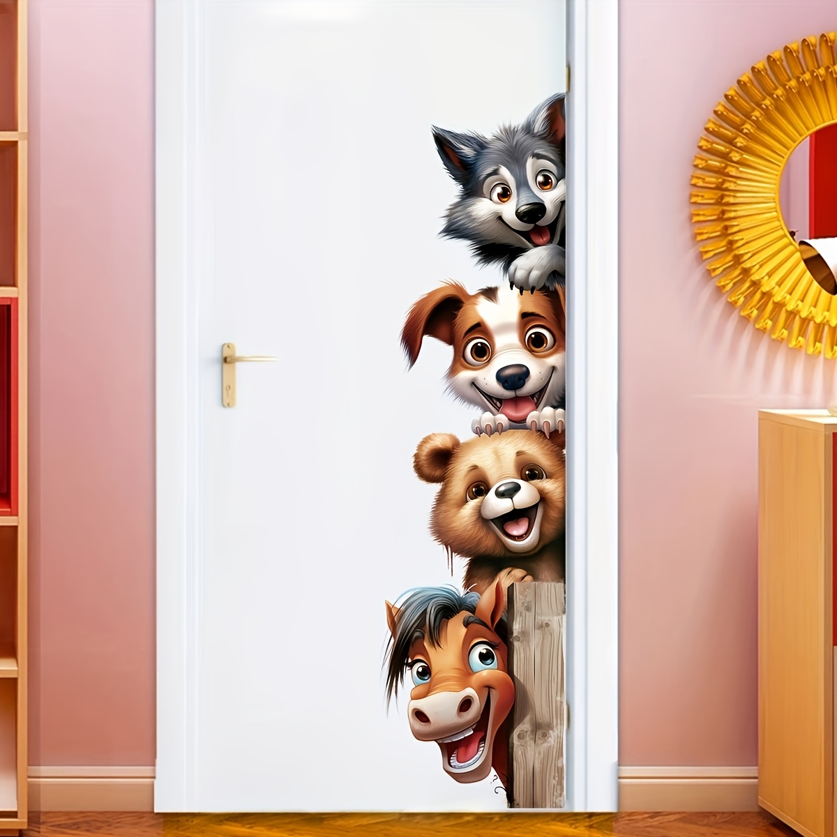 Image of 2d Flat Sticker Animal Interesting Dog Tiger Donkey Self-adhesive Door Home Bedroom Living Room Bedroom Door Decoration Wall Sticker