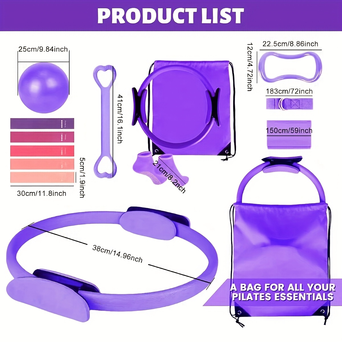 CLIUNT Pilates Set 5-tlg. - Mit Yoga Ball, Gurt, Fitnessbändern & Ring, Lila, Für Zuhause