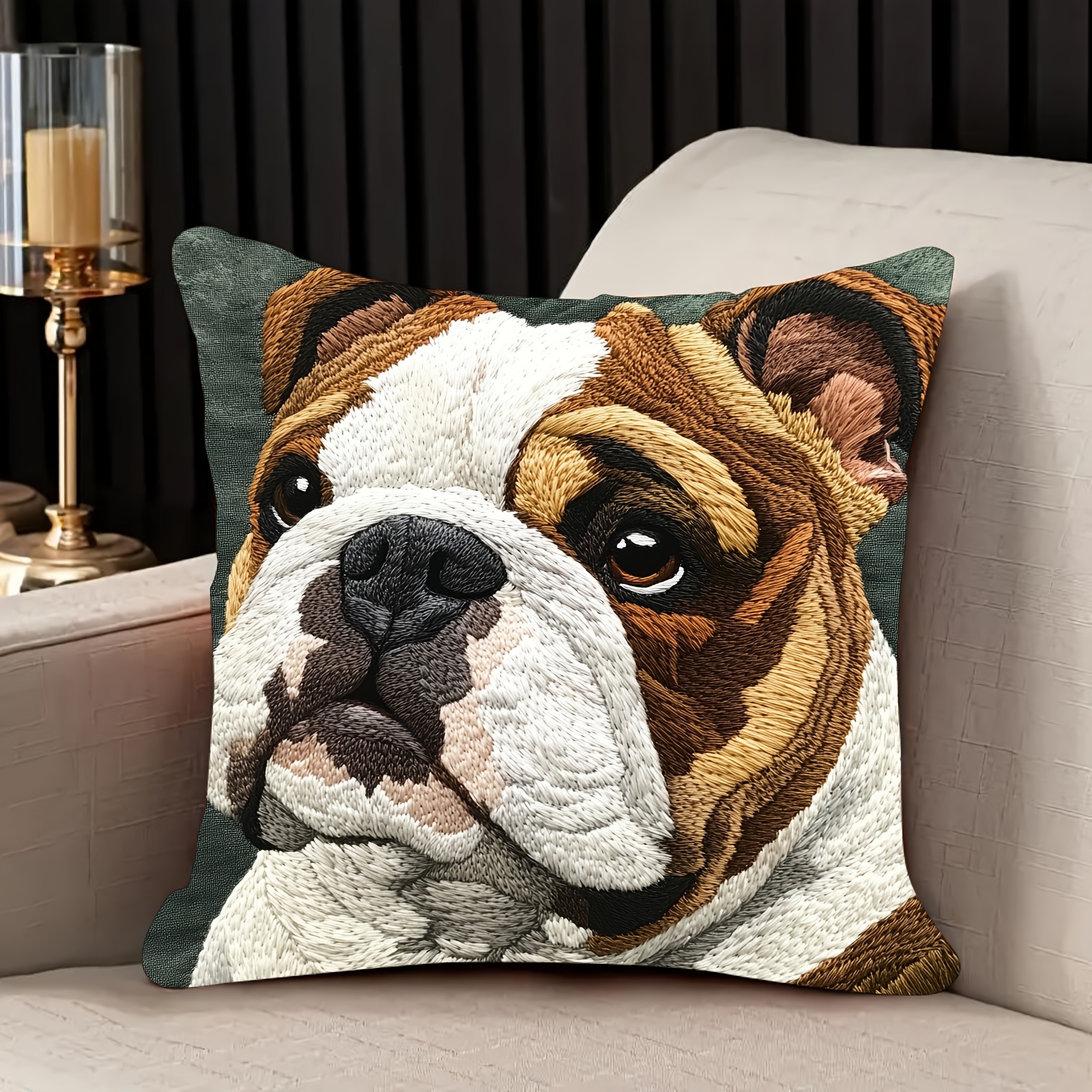 

1pc, Contemporary Bulldog Embroidery Throw Pillow Cover, 18x18 Inch, Polyester 100%, Machine Washable, Zipper Closure, Woven, For Home & Room Types - Adas7871