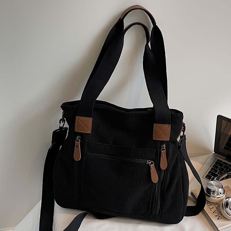 TEMU Retro Practical Women's Body Bag - Corduroy Fabric, Multi-pocket Multifunctional Shoulder Bag | Handbag, Large Capacity Design, Suitable For