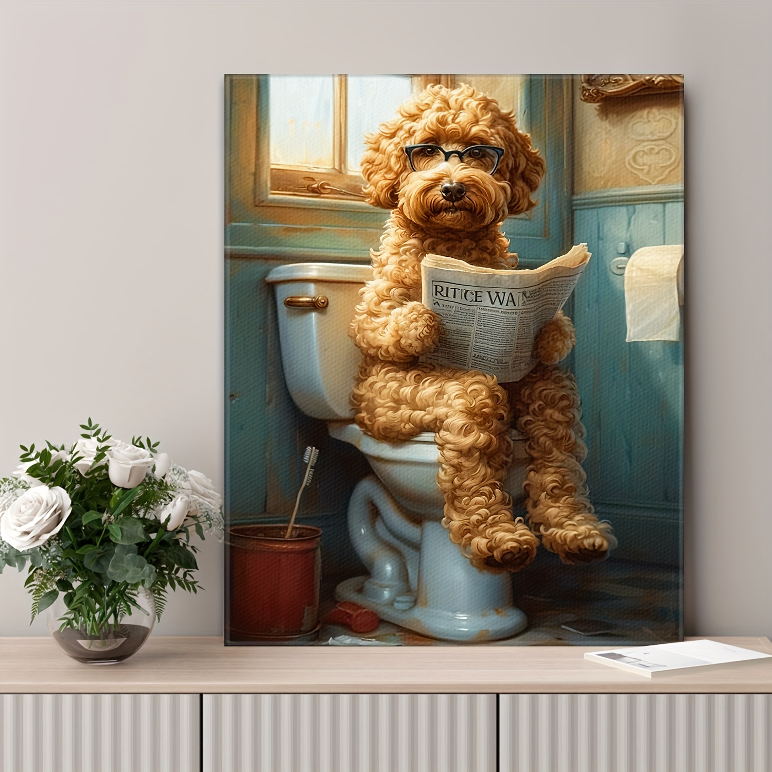 

1pc Wood Frame Canvas , Quirky Dog On Toilet Reading Newspaper Print, Humorous Animal Bathroom Decor, Ready-to-hang Artwork For Restroom, Unique Gift For Dog Lovers