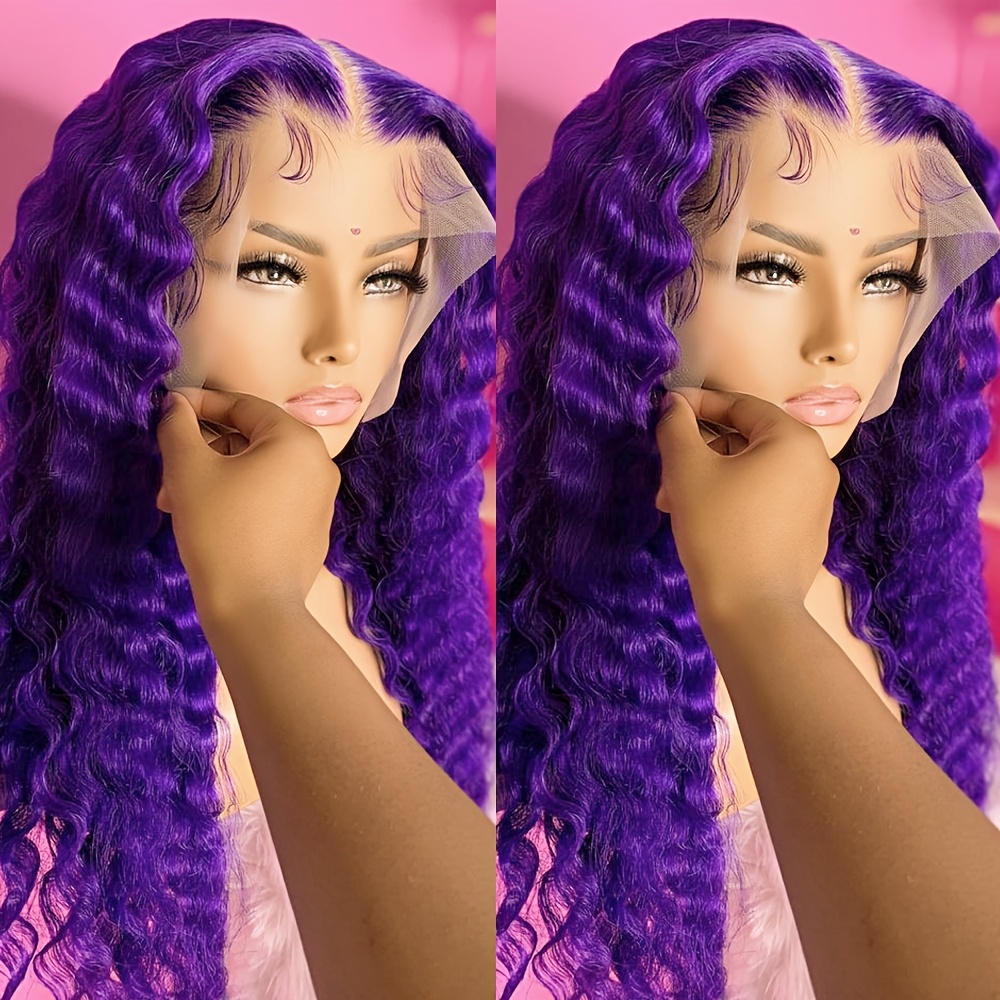 TEMU Deep Purple Color Curly Lace Front Wigs Bubble Curls Purple Long Deep Wave Synthetic Wigs For Women Heat , Glueless, Synthetic Fiber, 28 Inch Perfect For Daily Wear & Parties