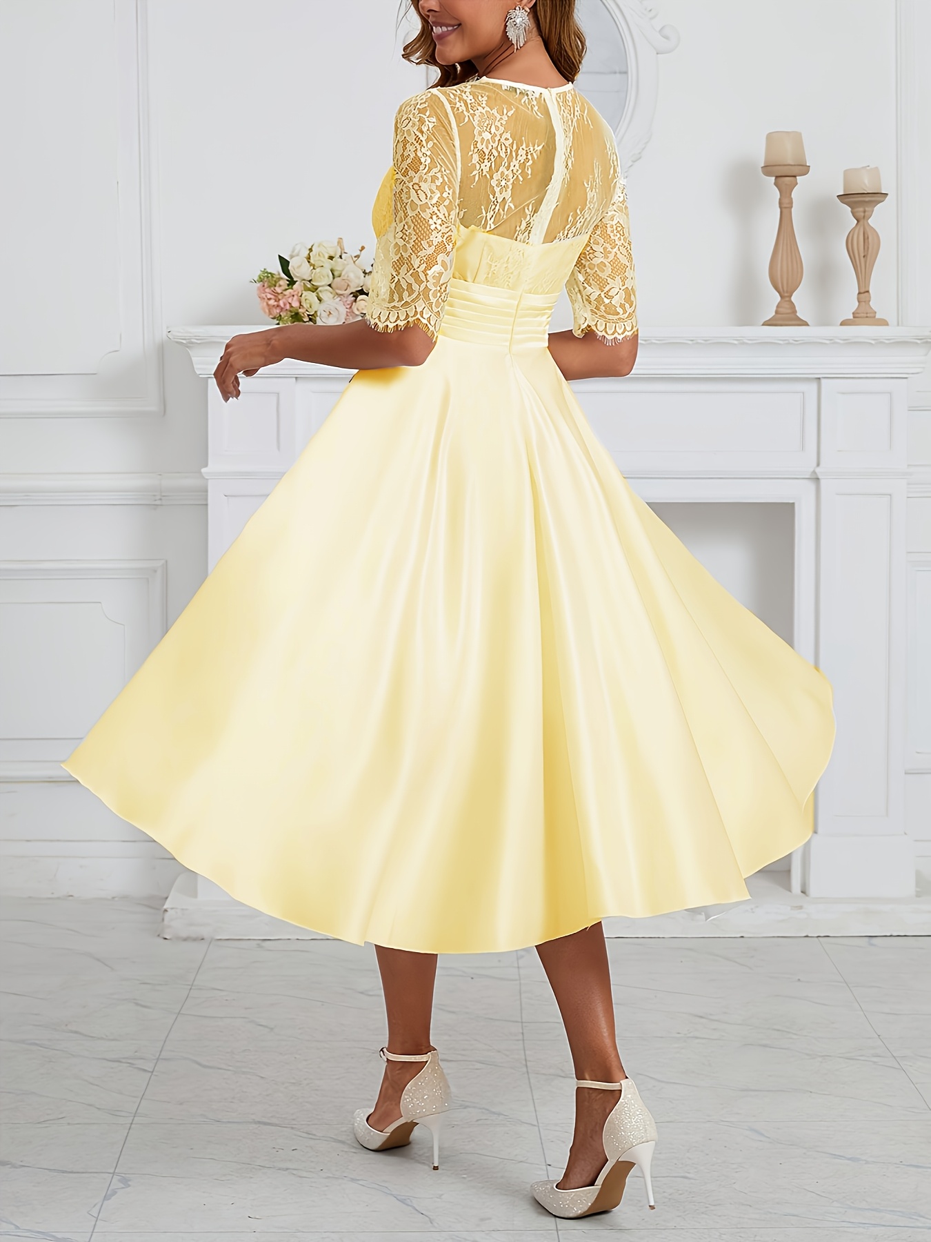 womens romantic lace bride party dress shirred puff sleeve - Temu Norway