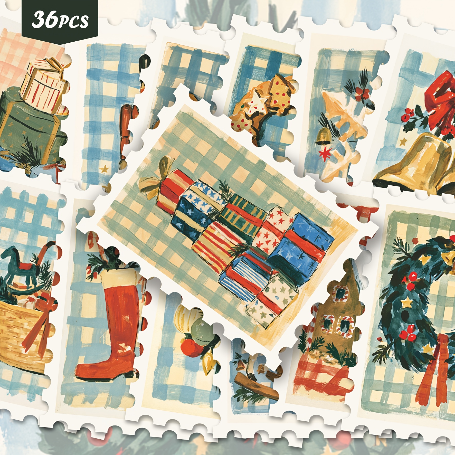 TEMU 36pcs Vintage Christmas Gingham Art Sticker Set, Hand-painted Holiday Themed Flat Stickers For Scrapbooking, Journaling, Card Making, Planner