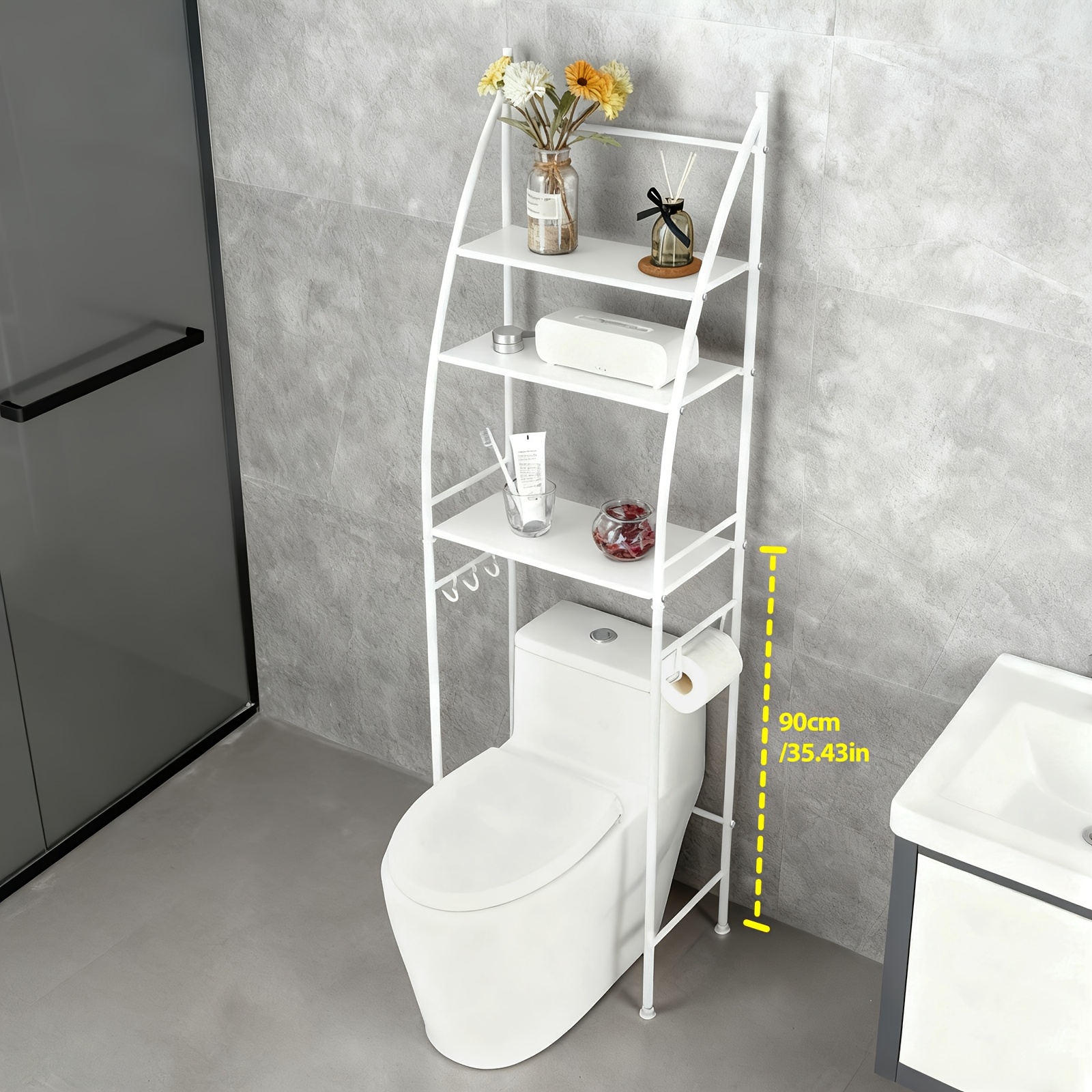 TEMU 3-tier Over Toilet Storage Rack Bathroom Organizer Metal Shelf Towel Accessories Hook Paper Roll Holder White Black Laundry Room, Shelves