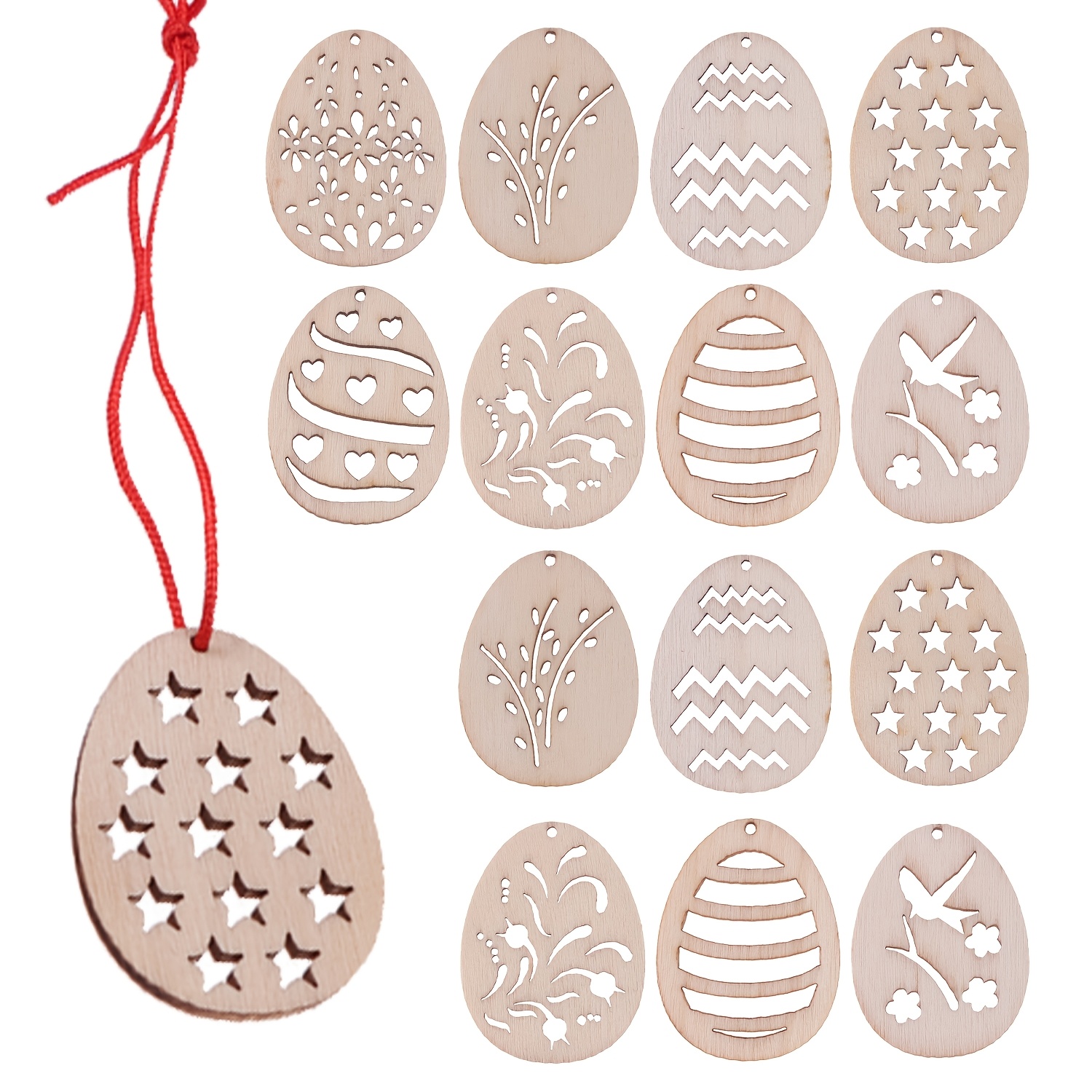 

50pcs Easter Wooden Egg Ornaments - Unfinished Diy Craft Slices With Hollow Patterns For Party Decorations, Colorful, Hollow Pattern