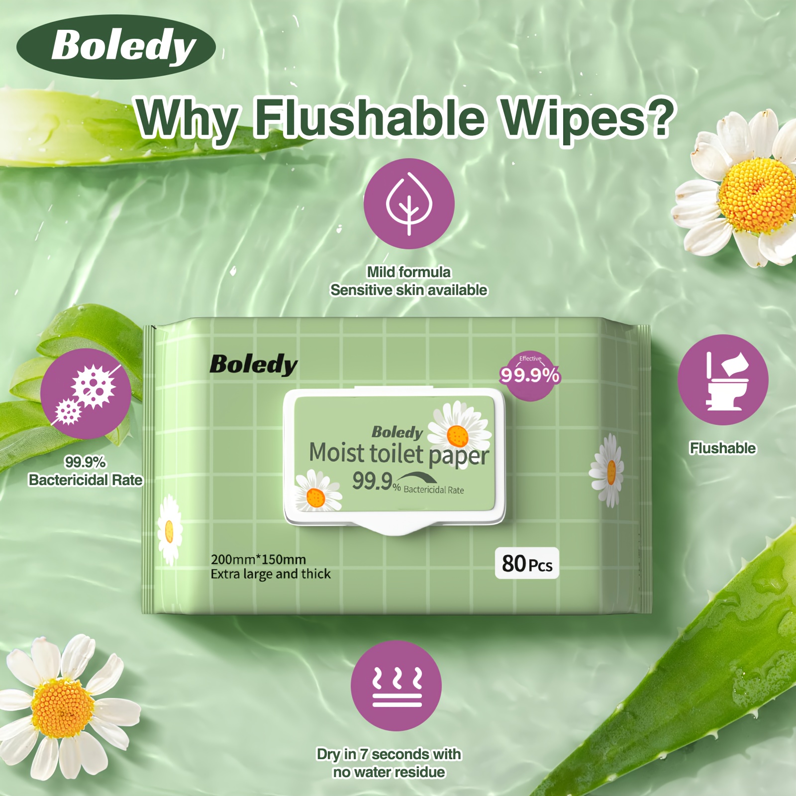 480 Boledy Wet Wipe Toilet Paper, Flushable Tissue, Single Sheet Form, NoDye, For Home Use (6 Packs)