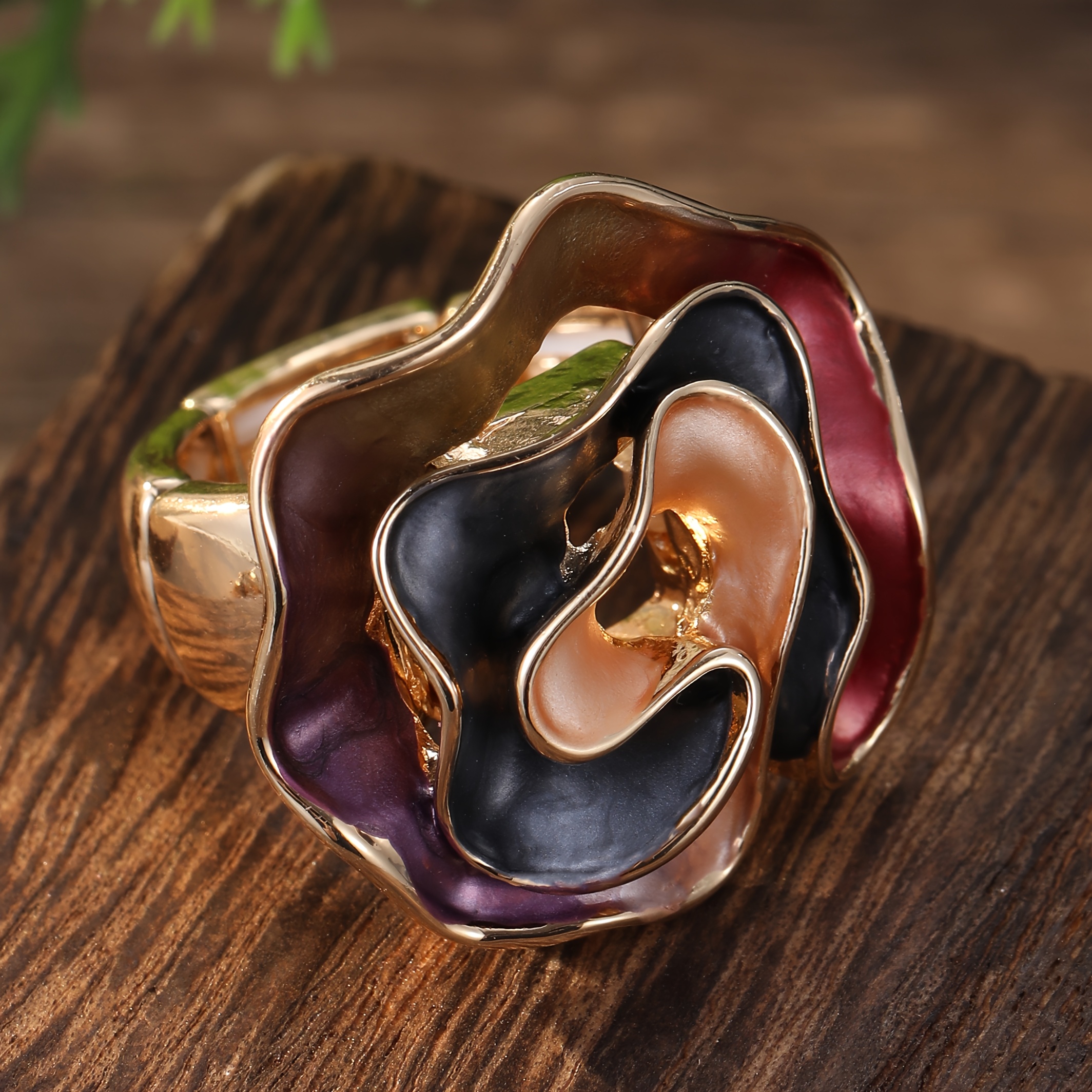 Women's 2pcs Plated Enamel Flower Adjustable Ring Set