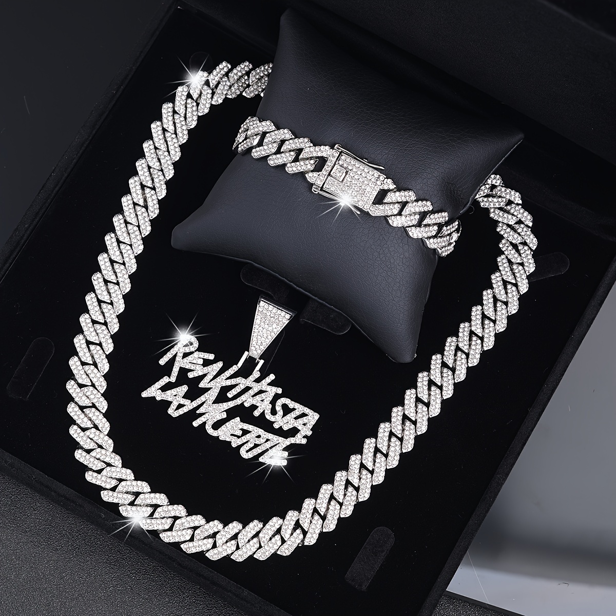 TEMU 3pcs/set Letter Pendant Jewelry Gift Set,hip Hop Style Bracelet /necklace With "renhasta,lamuerte"pendant,cuban Chain's For Boyfriend/girlfriend