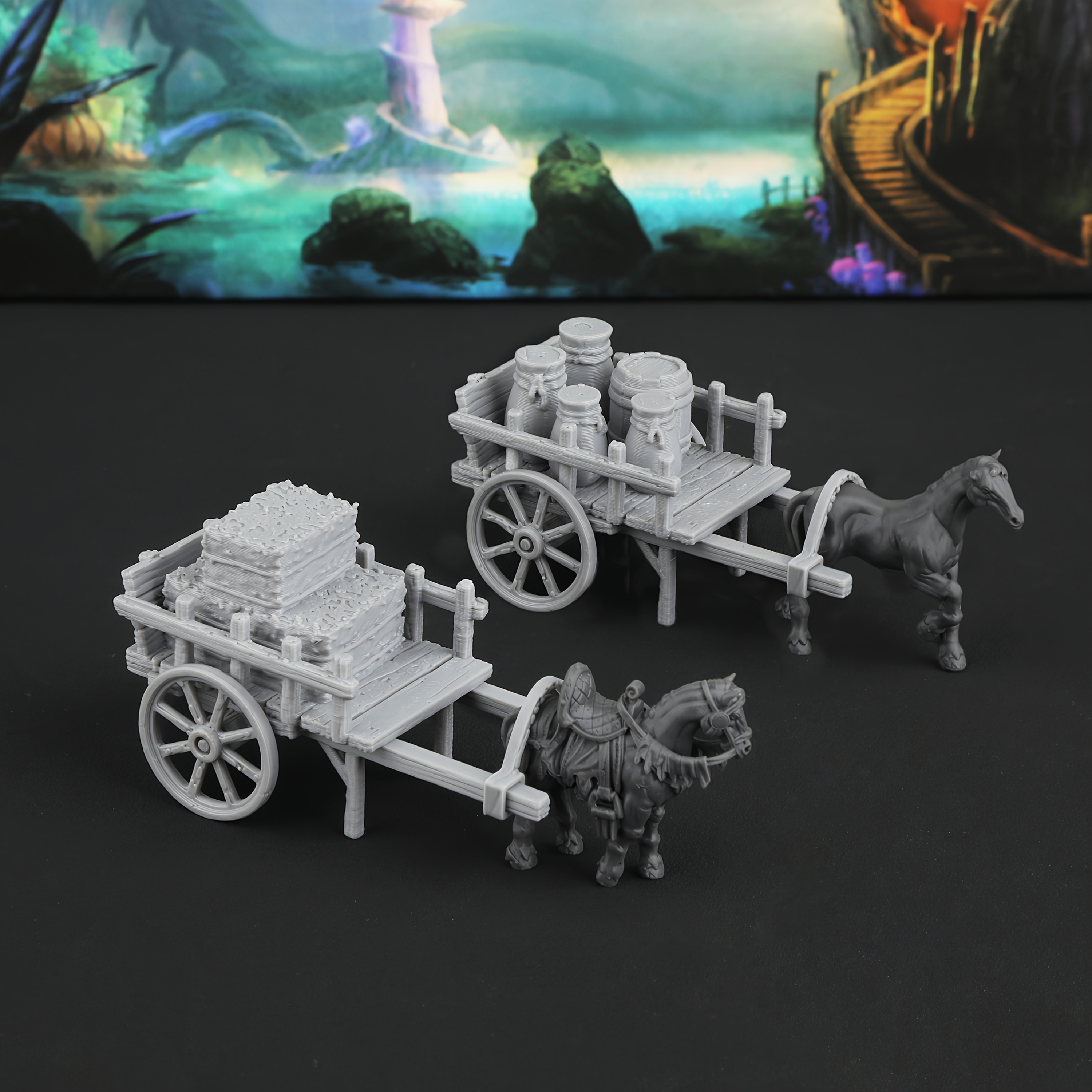 28mm Scale Horse-drawn Cargo Wagons Miniatures For Rpg Games, Rpg Terrain, Ttrpg And Diorama Scenes