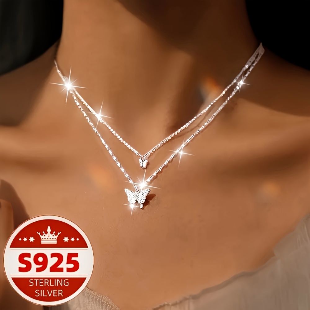 TEMU S925 Pure Silvery Small Fresh Double-layer Necklace, Exquisite High-end Collarbone Chain, Perfect Gift For Girlfriends' Birthdays, Women's