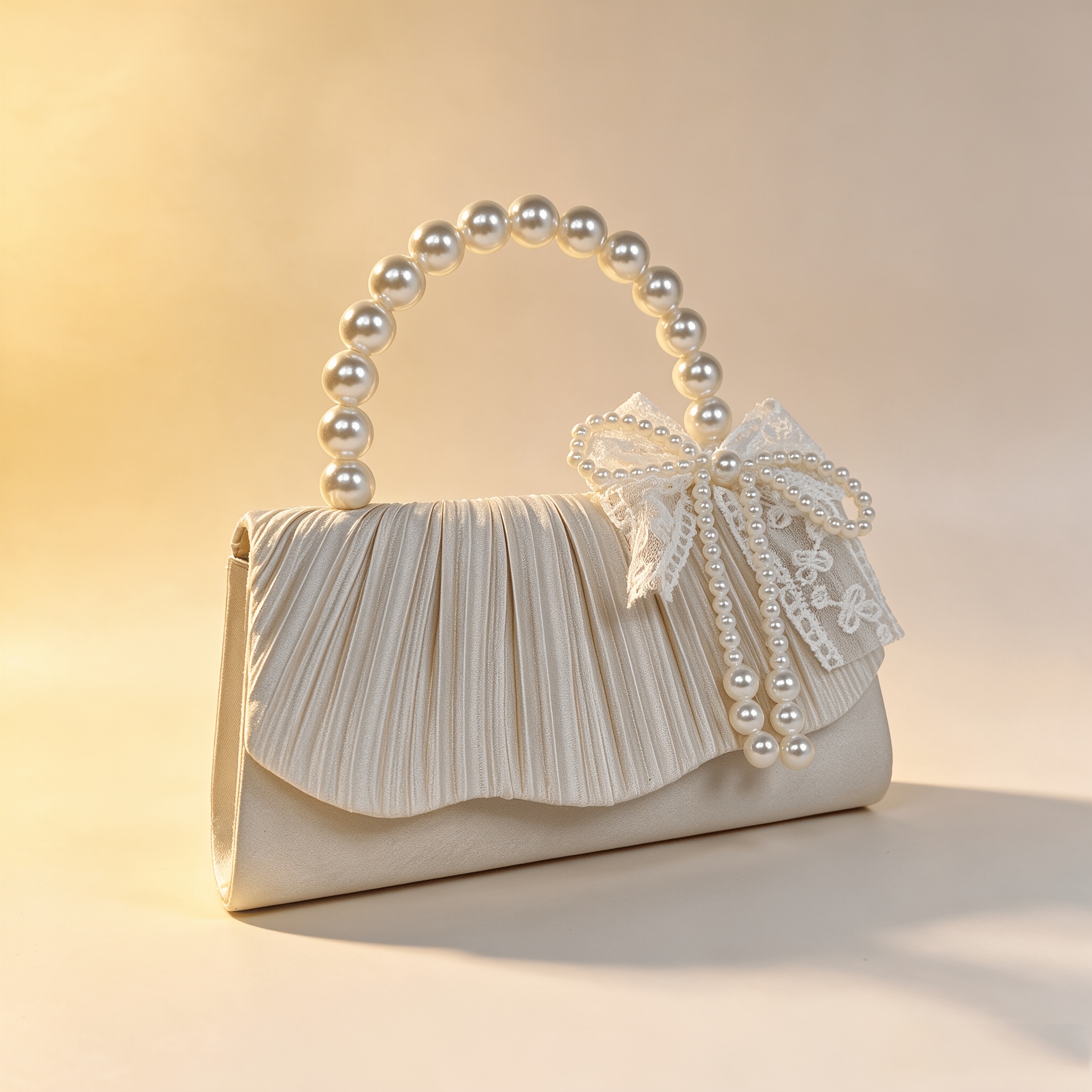 Apricot Satin Pleated Evening Clutch with Pearl Bow