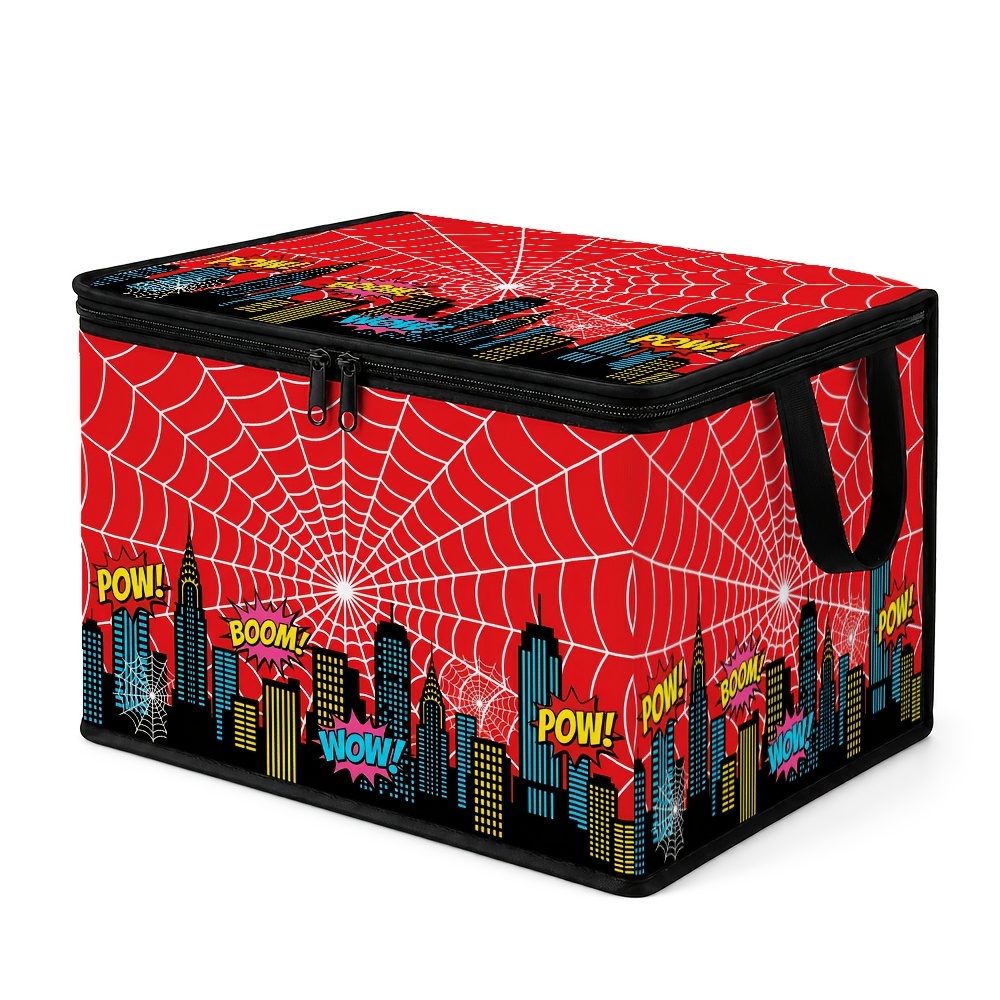 TEMU 1pc Pop Art Comic Lidded Storage Bin Superhero Cityscape Spiderweb - For Closet Storage, Laundry Room Use, And Bedroom Organization, Ideal For