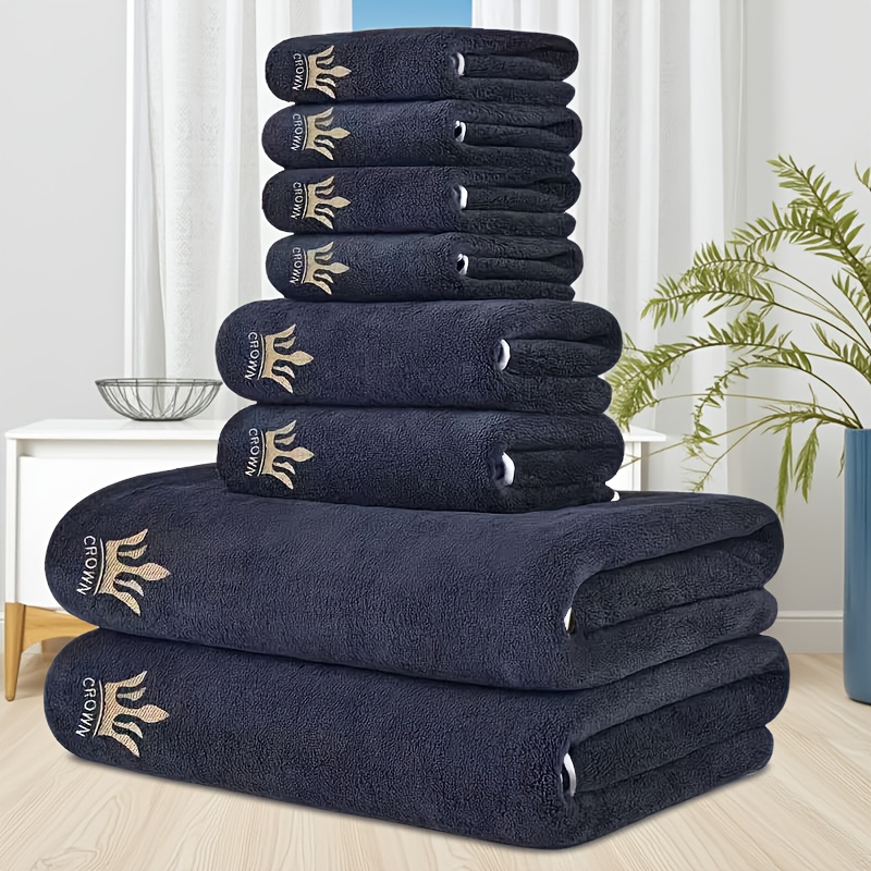 TEMU Embroidered Crown 8pcs Set: Towels, Bath Towels, Hand Towels, And Absorbent Soft Flannel