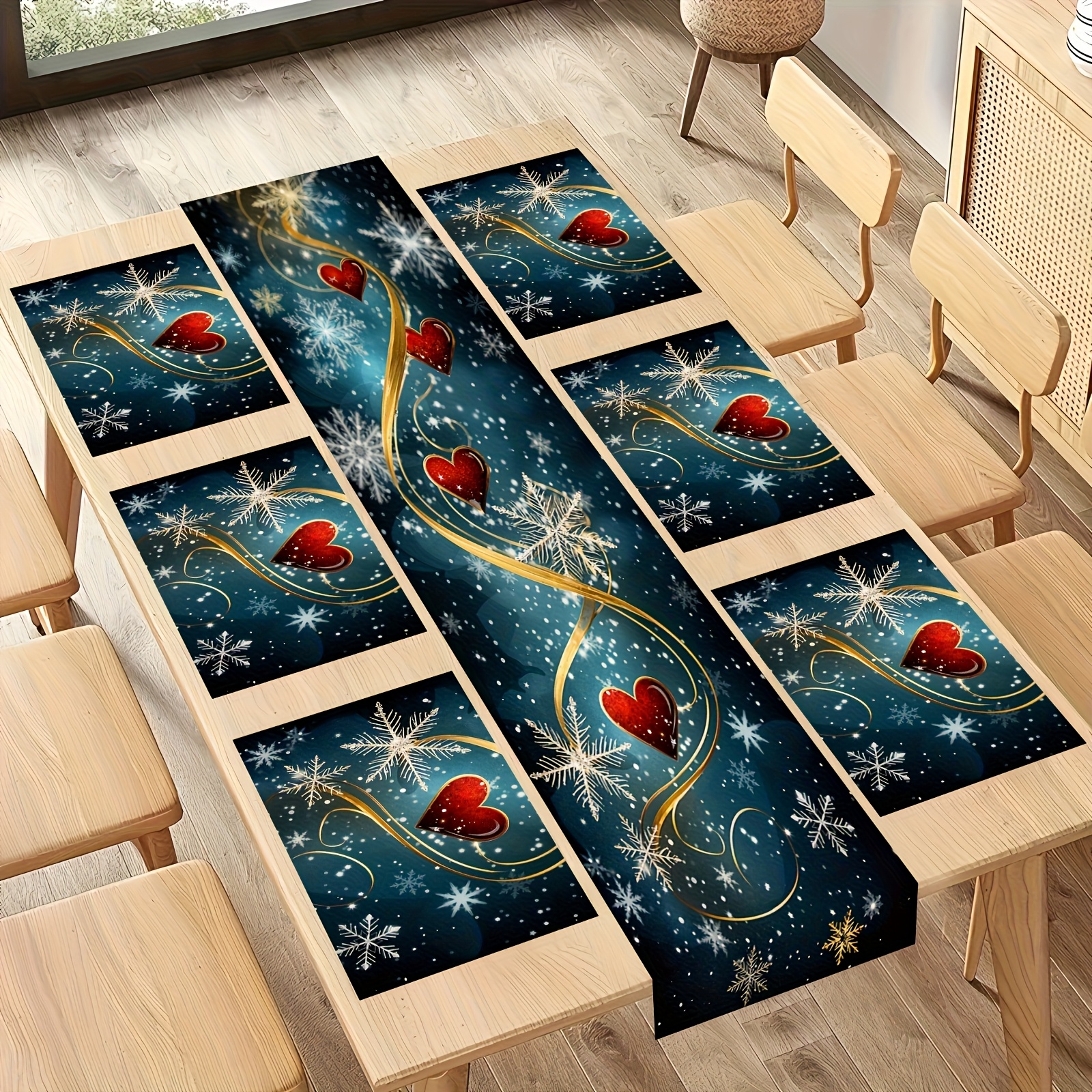 Image of Set Of 5/7 Christmas Snowflake Heart-shaped Table Flags And Placemats, Festive Winter Table Decoration, Kitchen Home Textile Display