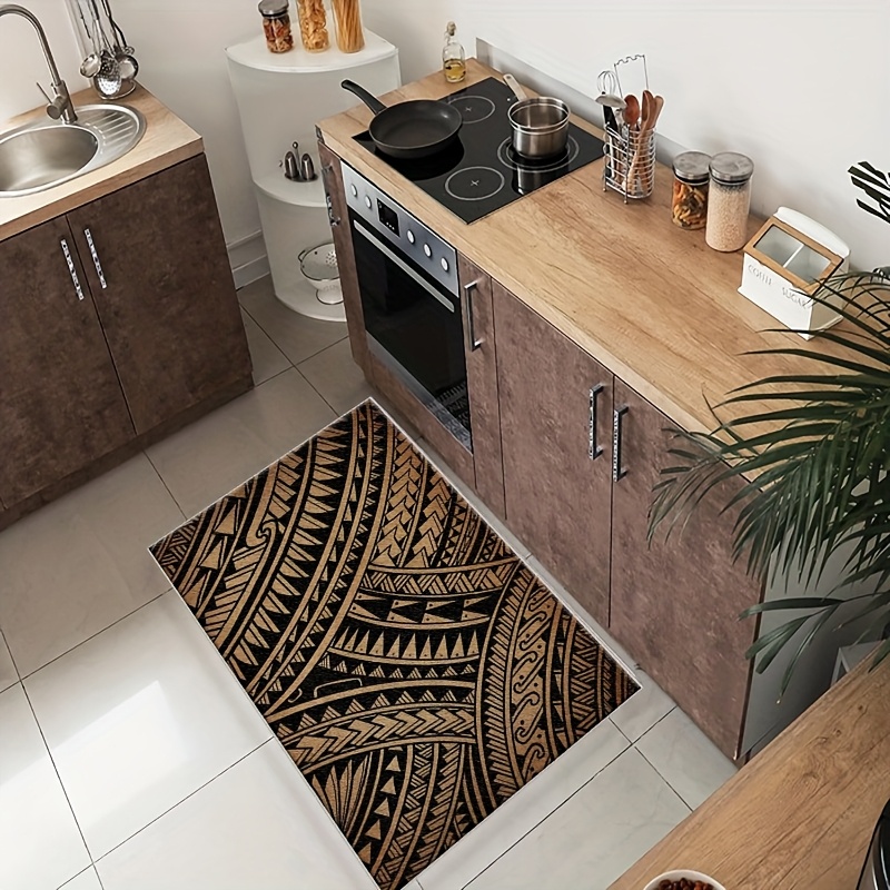 TEMU 1pc 2d Flat, Polynesian Style Pattern Door Mat, Flannel Material, Machine Washable Comfortable Carpet, Suitable For Bathroom Decor, Bedroom