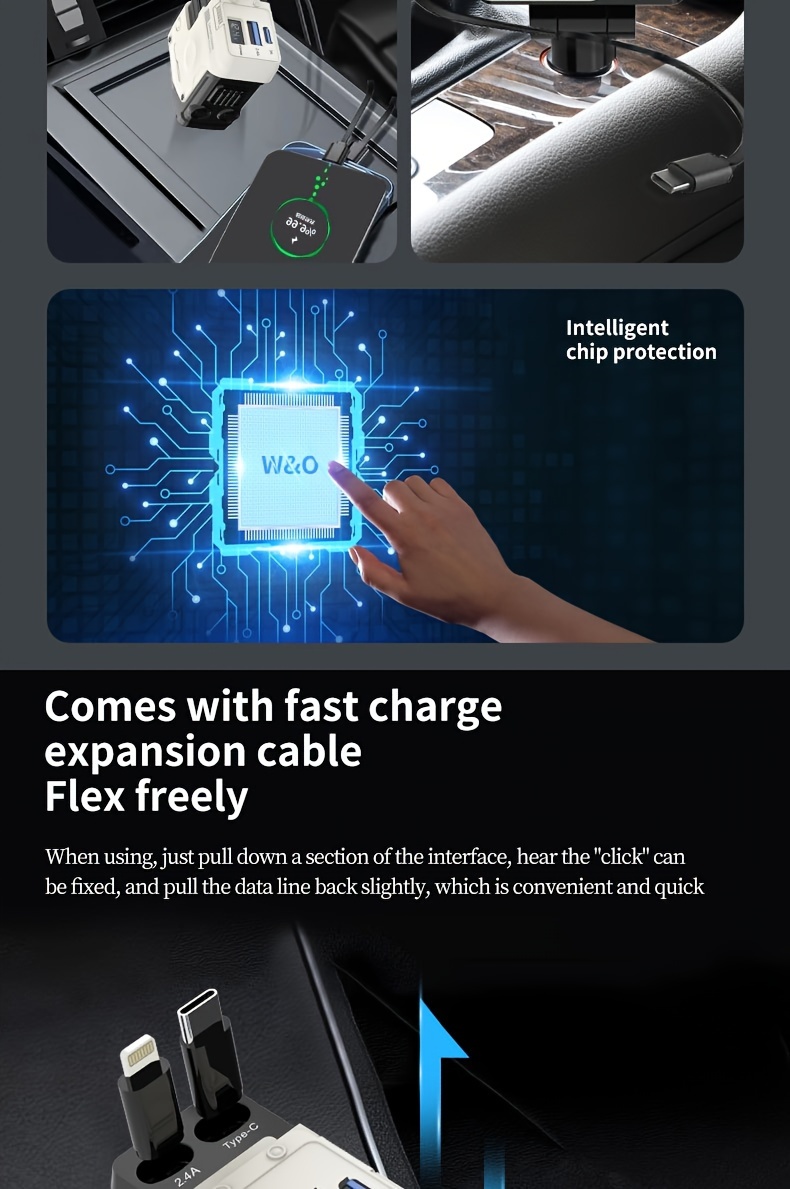 [Fast Car Charger] 120W 4-in-1 Retractable Fast Charging Car Charger - PD 3.0 Type-C Mobile Phone Charger For IPhone, Xiaomi, Huawei, Samsung Smartphone - Short Circuit Protection, Over Heat Protection, Over Voltage Protection, Over Charge Protection