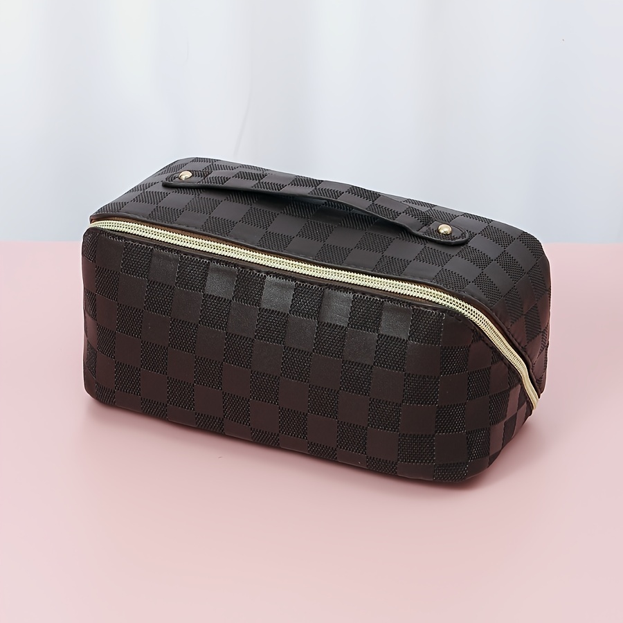 

Waterproof Pu Leather Makeup Bag With Handle - Unisex, Scent-free, Checkerboard Design For Travel & Toiletries Storage Toiletry Travel Bag Toiletry Bag