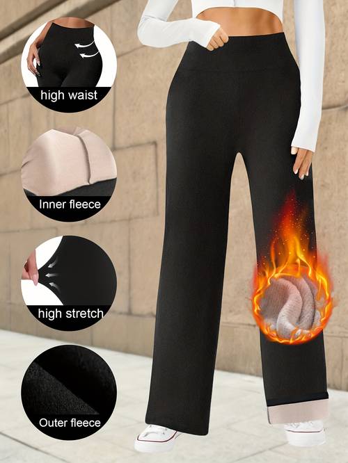1 womens fleece lined wide leg pants high waist elastic straight leg pants petite regular tall loose wide leg sweatpants fleece lined straight leg casual pants elastic waist high waist elastic loose versatile winter style st