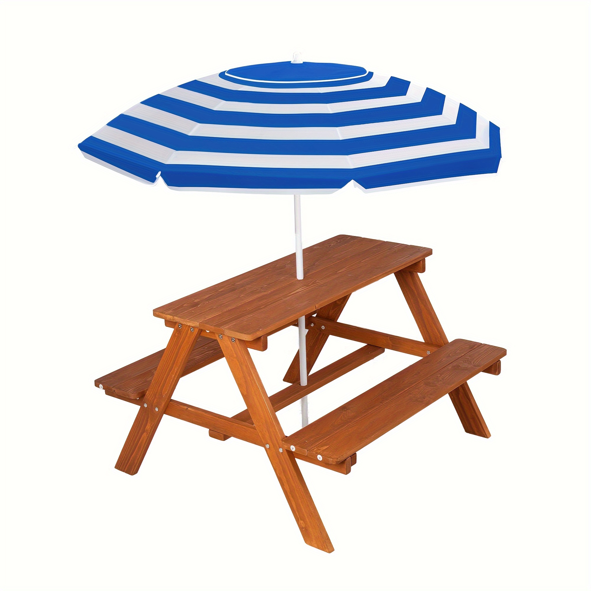 

Wooden Picnic Table With Adjustable Folding Umbrella, Picnic Outdoor Table, Built-in Seating, Outdoor Activities And Dining Table, Backyard Picnic Table, Blue