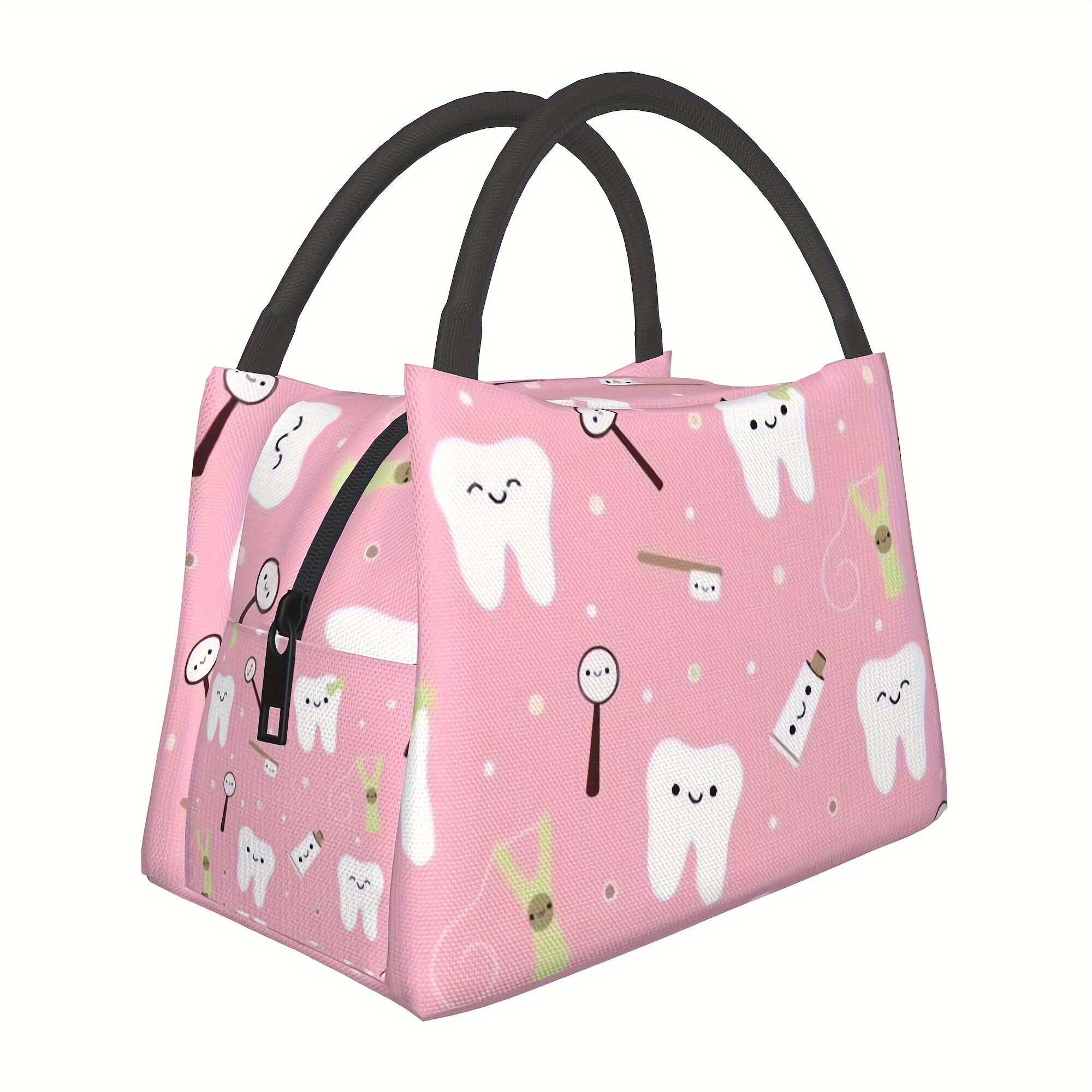 TEMU 1pc Dental Theme Insulated Lunch Bag, Reusable Polyester Cooler Tote With Teeth Pattern, Normal For School, Classroom, Canteen, Picnic, Beach Essentials