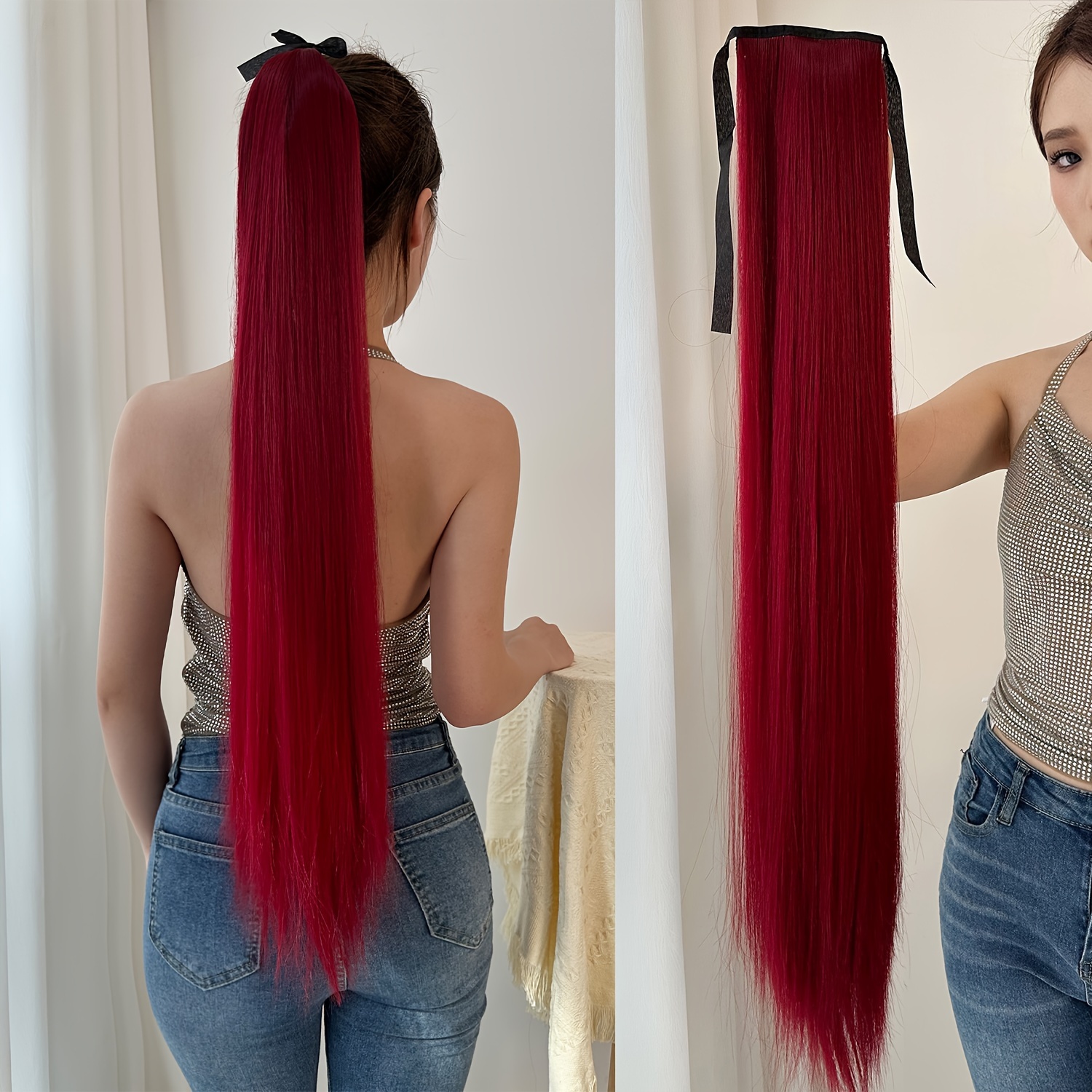 Image of 32-inch Synthetic Hairpiece For And Women, Featuring A Long Straight Ponytail Extension In Wine Red, Use