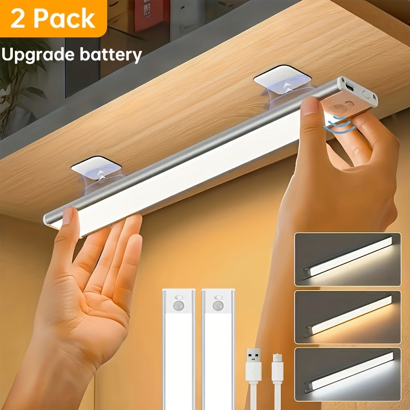 품목 사진 2개 묶음 자석 led 캐비닛 하부 센서등 | 메탈, usb 전원, 3단계 밝기 조절, 모션 센서, 버튼 제어, 오래가는 배터리, 주방, 옷장, 계단 등에 적합