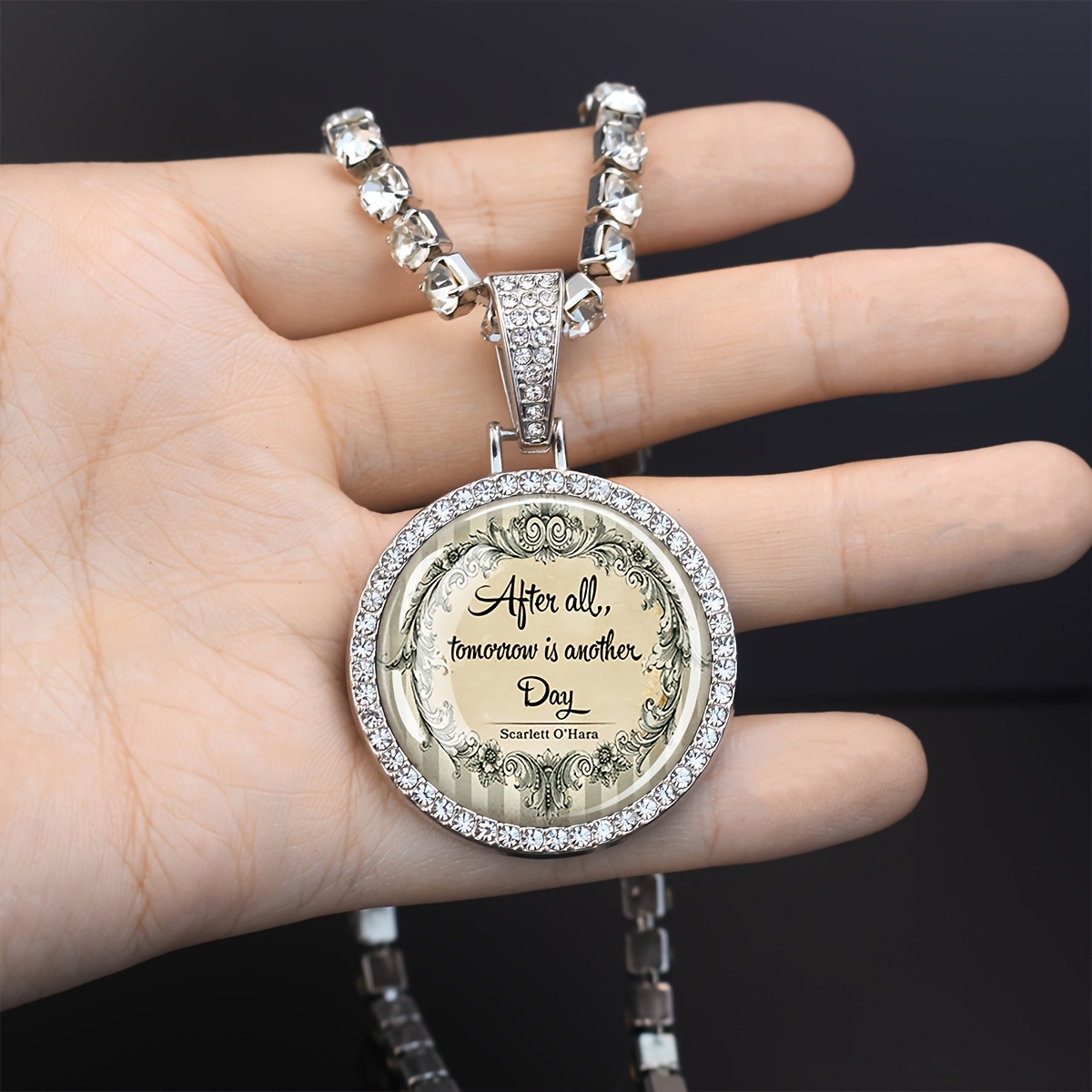 Inspirational Quote Rhinestone Tennis Chain Necklace with Pendant