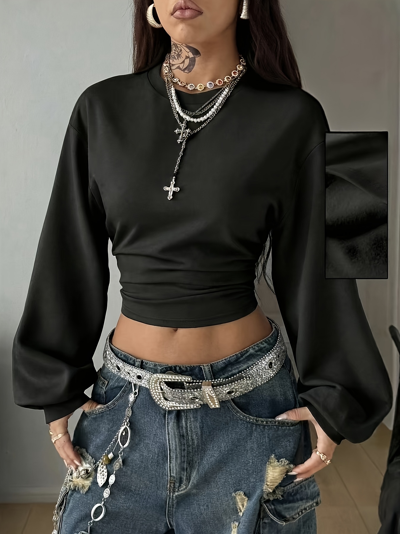 womens back to season basic solid color pleated asymmetrical collar long sleeve sweatshirt