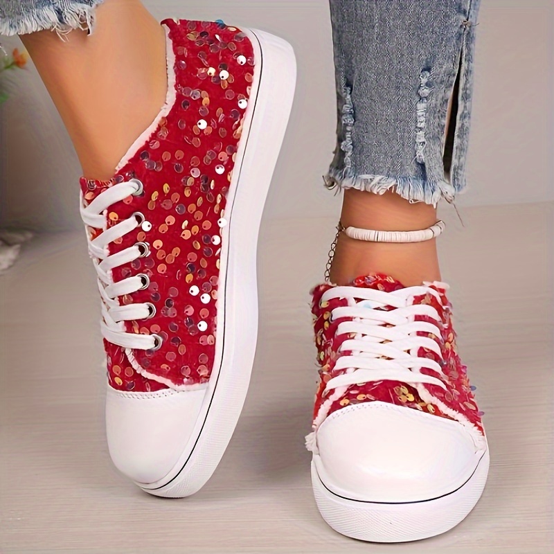 Canvas Sneakers Red Sparkly Sneakers Womens Sequin Decor Casual - Main Image