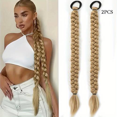elegant 2pcs long braided ponytail extensions with elastic band 24 synthetic box braid hair for for parties dates halloween casual attire hair accessories