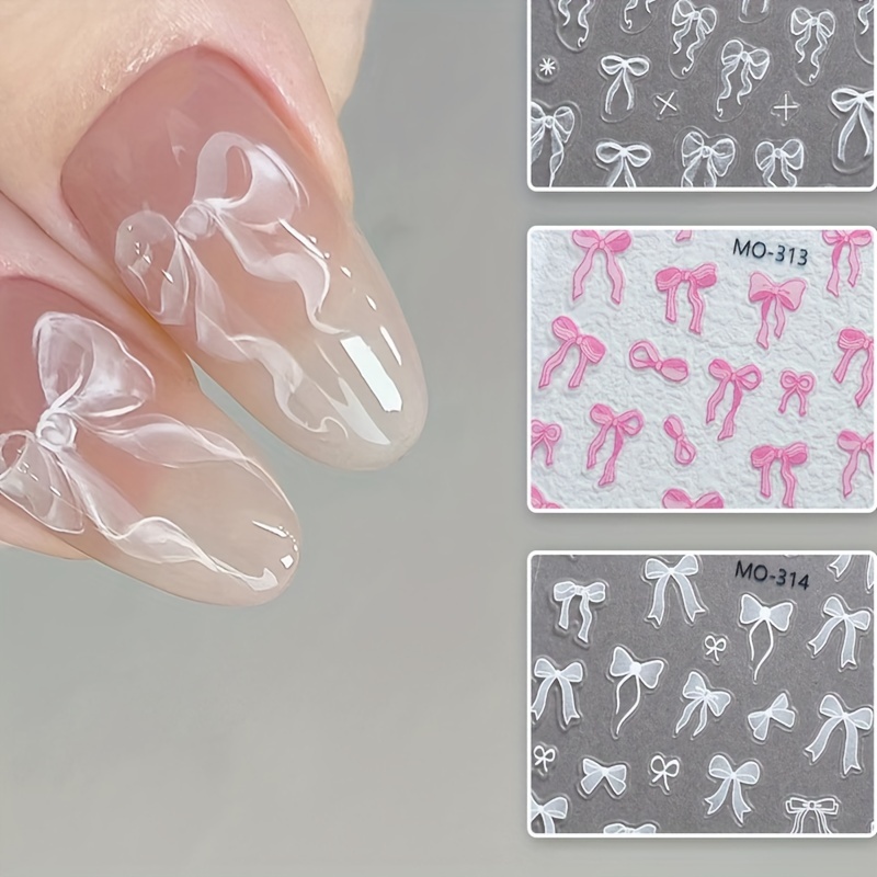 

3d Embossed Bowknot Nail Art Stickers, Glittery Polypropylene Self-adhesive Decals, Love Theme Irregular Shaped Solid Pattern, Shimmery Finish, Single Use, Unscented - Mo-313 & Mo-314