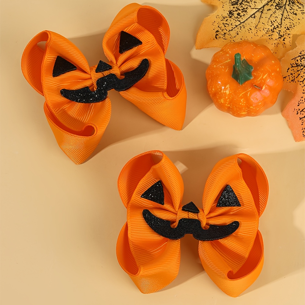 TEMU 2pcs Solid Orange Ribbon Pumpkin Face Bow Hair Clips Black Glitter Pumpkin Face Grosgrain Barrettes Twin Ponytail Fall Trick Or Treat Cosplay
