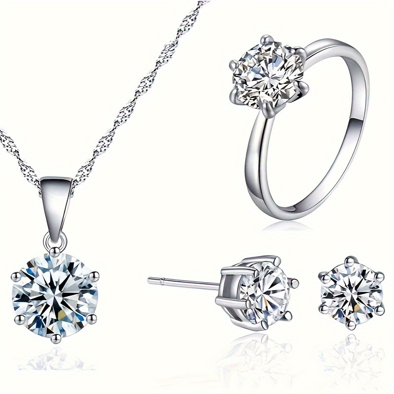 1 pair of earrings 1 ring 1 necklace chic jewelry set silver plated inlaid shining gemstone silvery golden rose golden pick a color u prefer 2