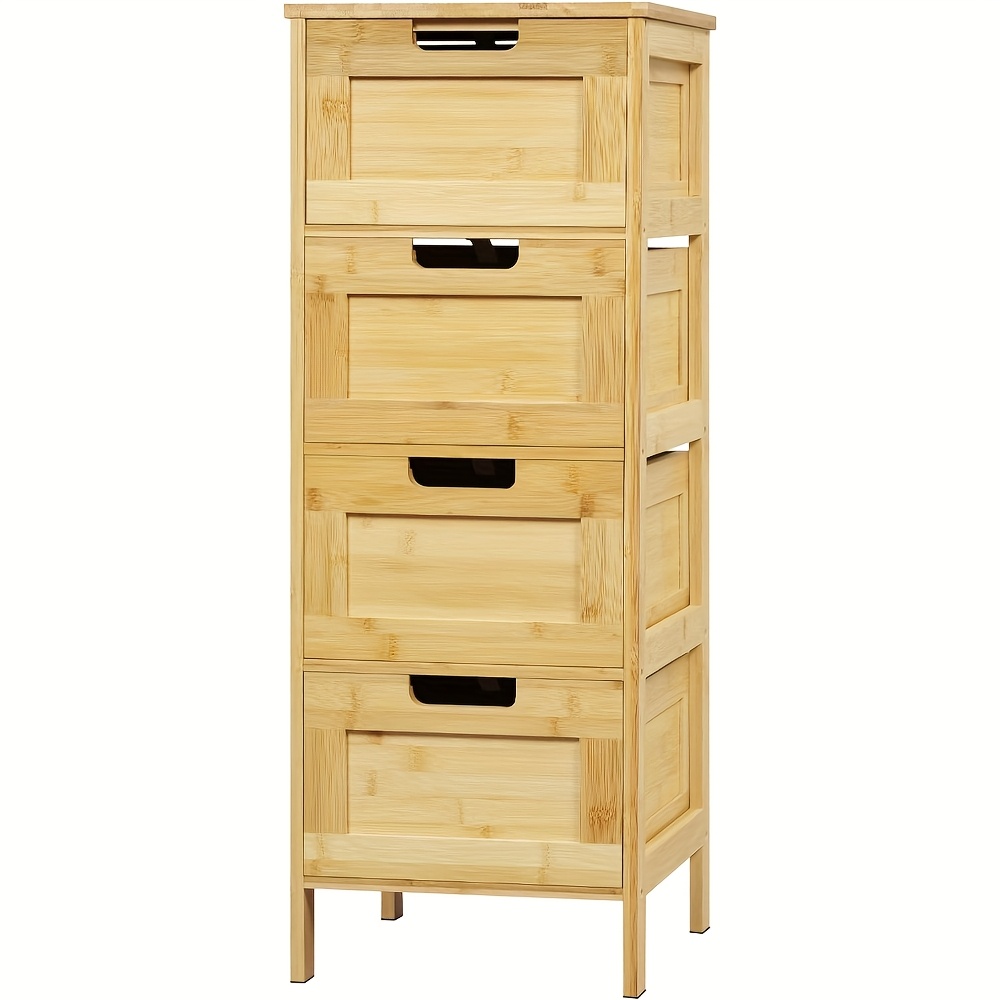 Image of 1 Piece Of Bathroom Storage Unit, Bamboo Shelf Featuring 4 Drawers, Upright Chest Of Drawers For The Bathroom, Kitchen, Or Hallway, Measuring 30 X 80 X 30 Cm