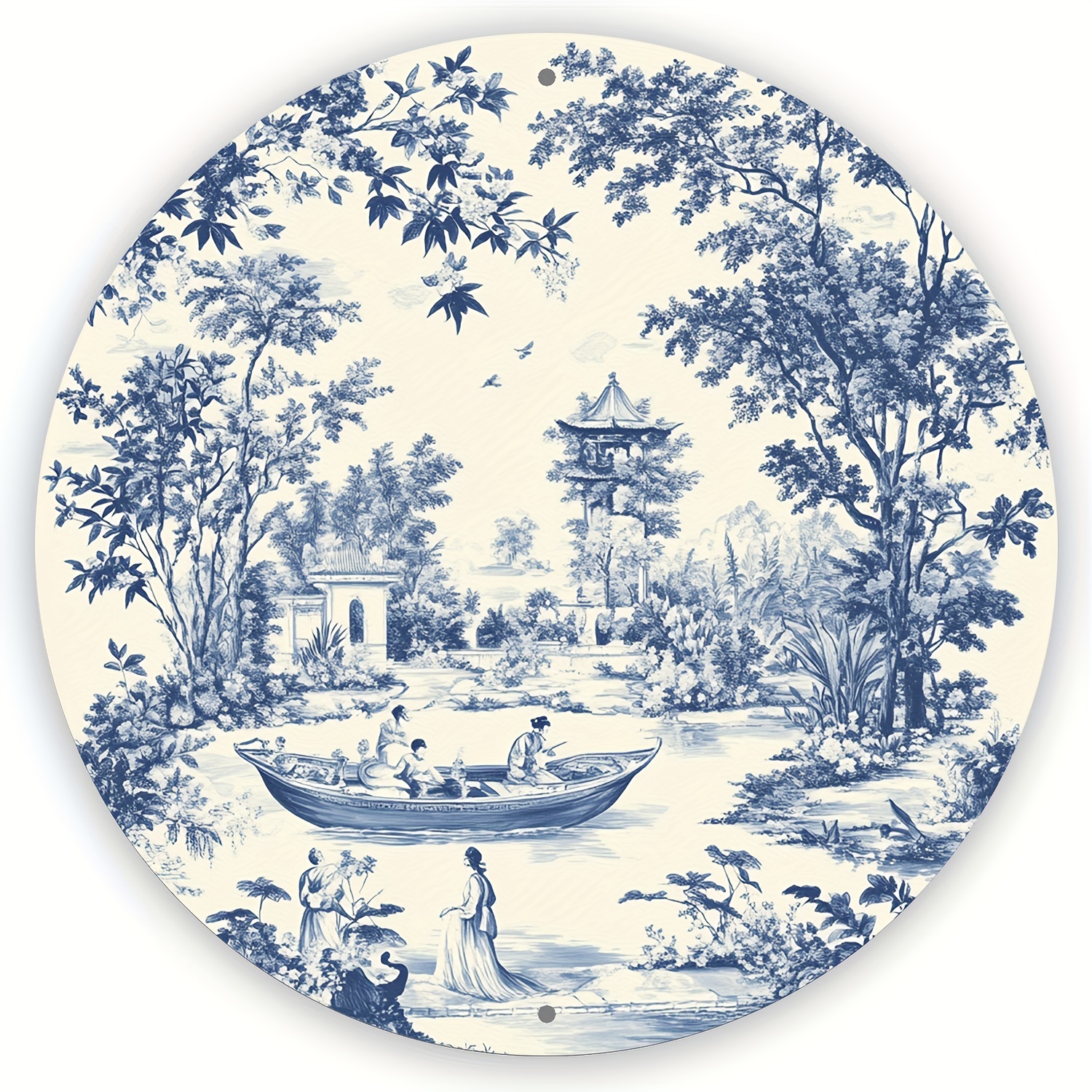 

Vintage Blue And White Porcelain Design Aluminum Sign 8" Round - Decorative Wall Hanging Plaque For Home, Office, Garden - Multipurpose Nautical River Scene Decor For Holidays And Festivals