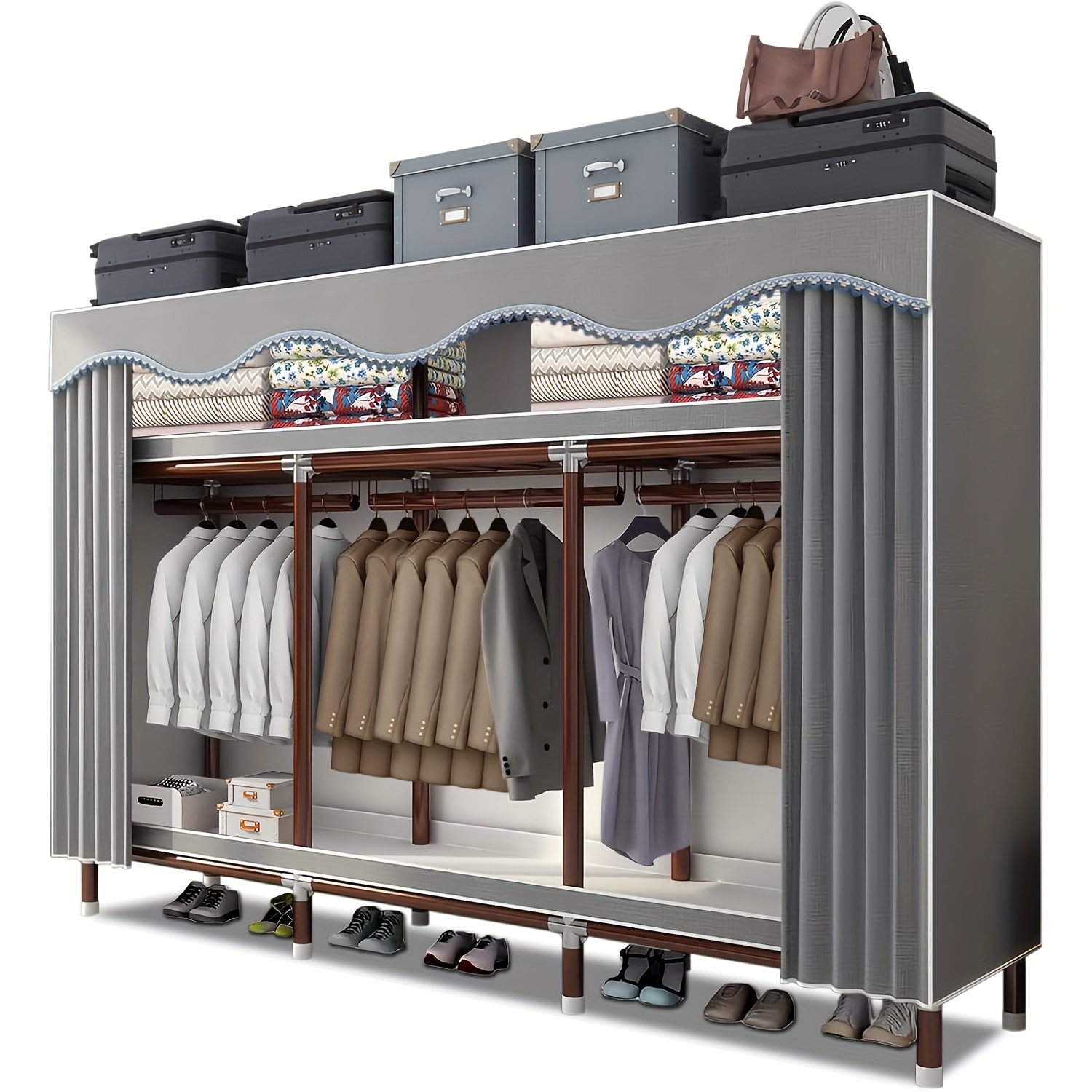 TEMU Armoire en Toile, Armoires en Tissu pour Chambre, Étagères d'Armoire Portable 177 x 46 x 170 cm, Armoire Pliable, Placard à Tuyau de 25 mm pour