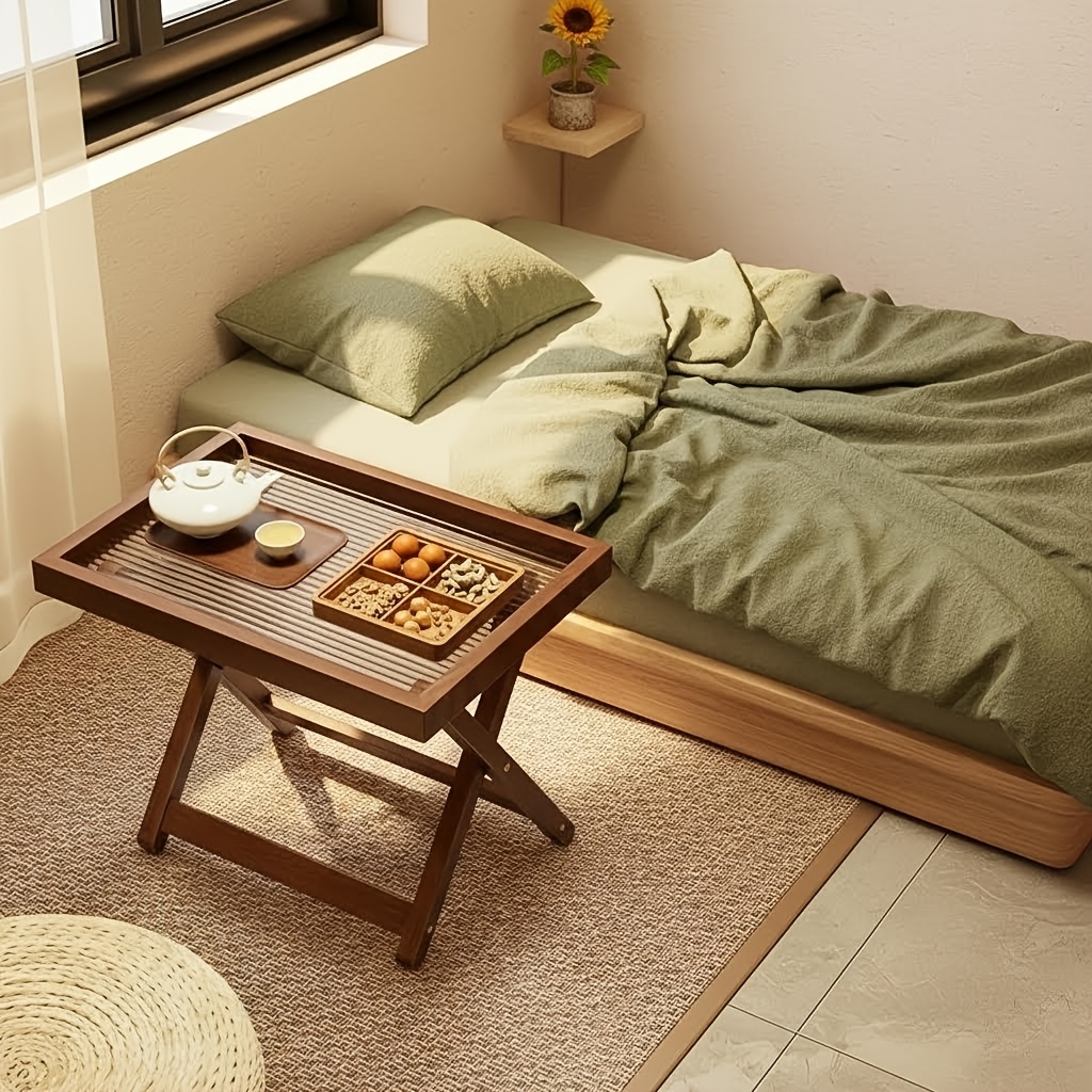 Foldable Side Table with Raised Edge Tray, X-Shaped Legs, Multi-Purpose Bedside & Sofa Table for Bedroom Living Room Bay Window