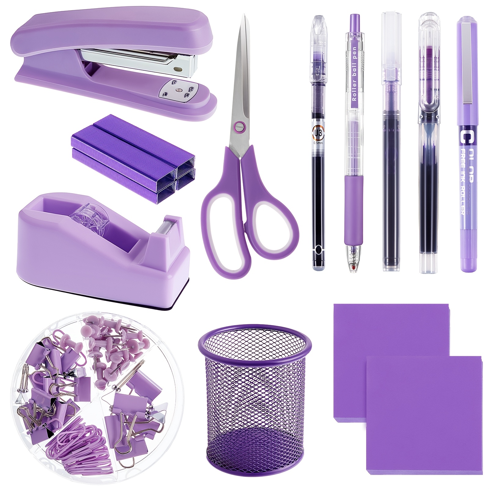 

Outus 12pcs Purple Supplies Set - Stapler, Tape Dispenser, Pen , , , - Plastic Desk Accessories For And