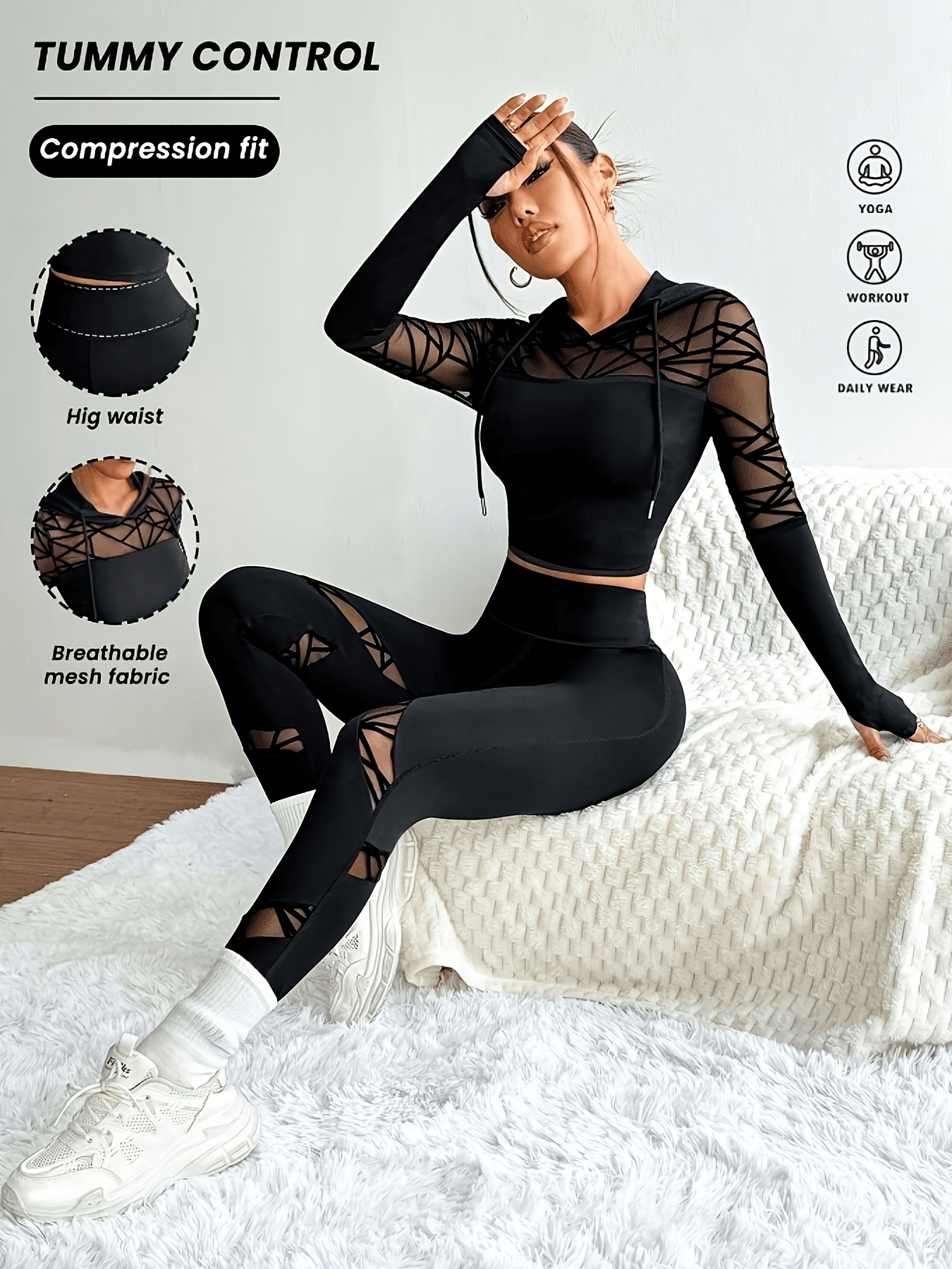 2pcs Women's Full-Body Gym & Yoga Suit - Breathable Mesh Workout Outfit with High-Waisted Full-Coverage Athletic Wear, L