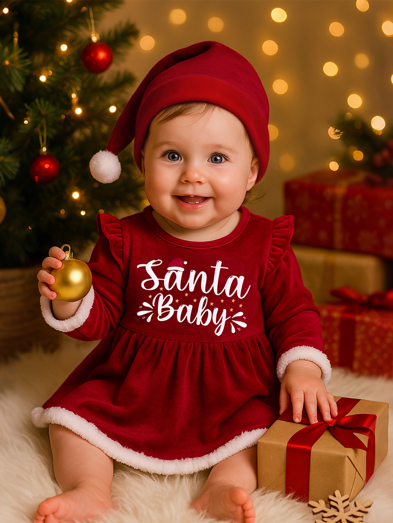 Herfst- en Winterkledingset voor Pasgeboren Meisjes met Lange Mouwen en een "Kerstbaby" Letterprint Jurk en Kerstmuts