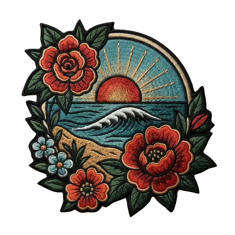 TEMU 1pc Traditional Style Embroidered Patch Detailed Ocean And Floral Border Iron On/sew On Embroidery Fabric Applique Patches For Trucker Hat