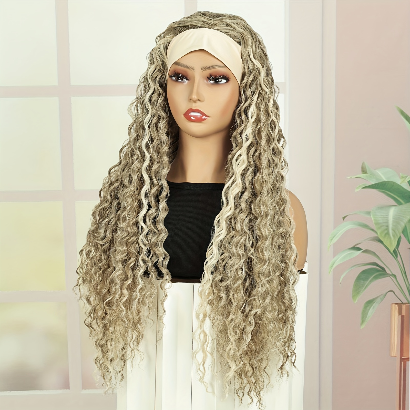 Headband Wig Loose Body Wavy Synthetic Hair Wigs For Wave None Lace Front Wigs Halloween Wig White And Blonde Color Machine Made Wigs 28inch Halloween Wigs For Cosplay Christmas Hair
