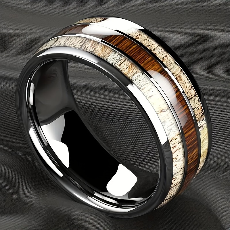 

1pc Silver-toned Mens Stainless Steel Ring With Authentic Wood Graininlay - Fashionable Engagement/wedding Jewelry For Timeless Style